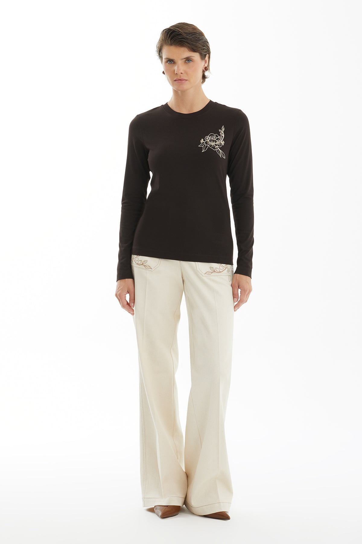 Brown Long Sleeve Blouse with Floral Detail