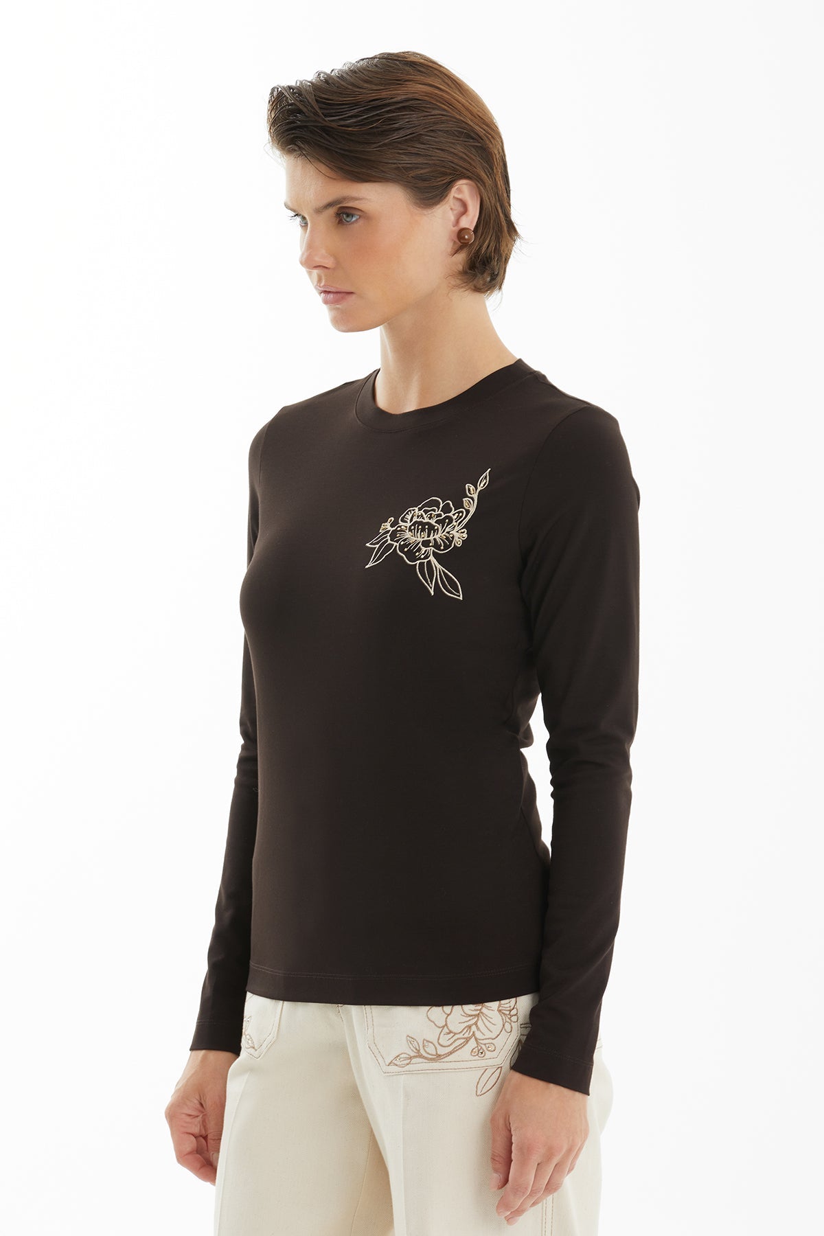 Brown Long Sleeve Blouse with Floral Detail