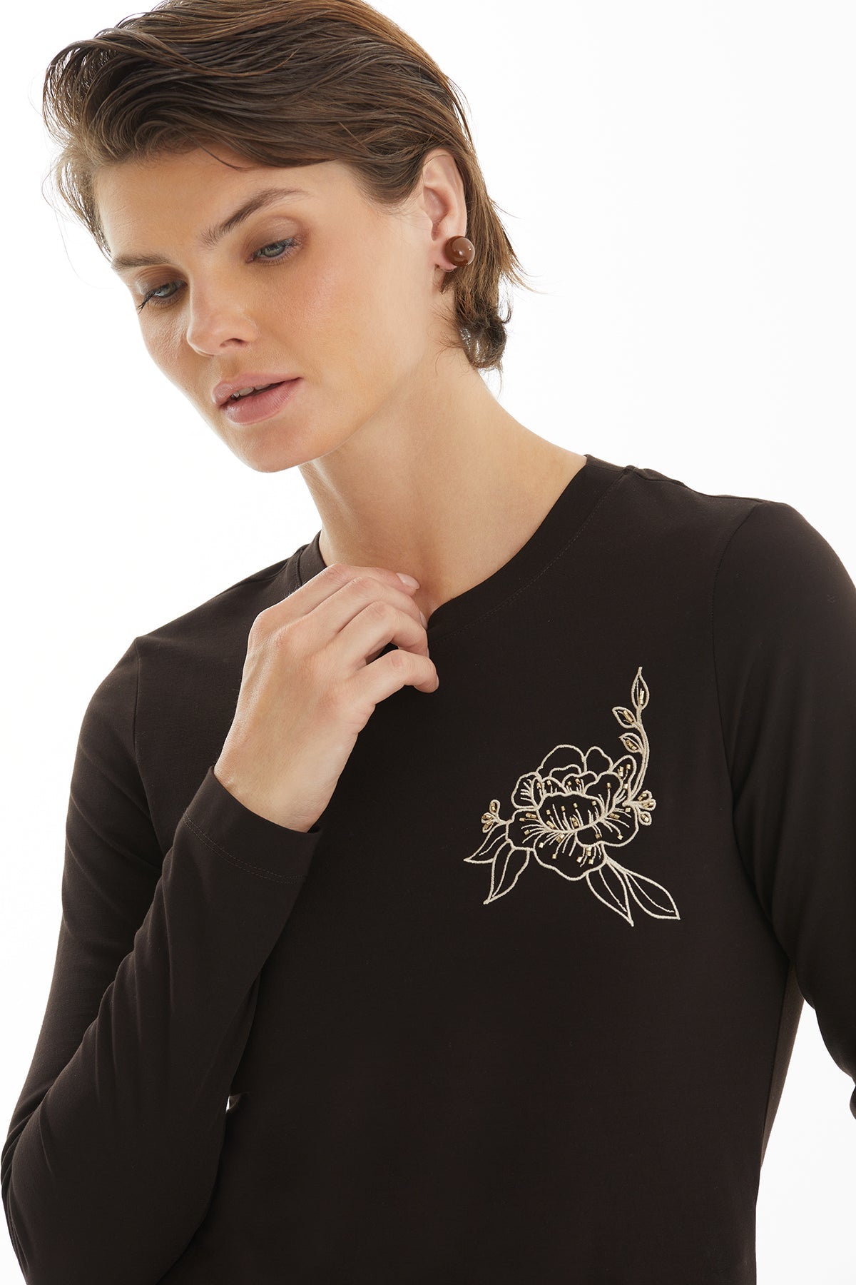 Brown Long Sleeve Blouse with Floral Detail