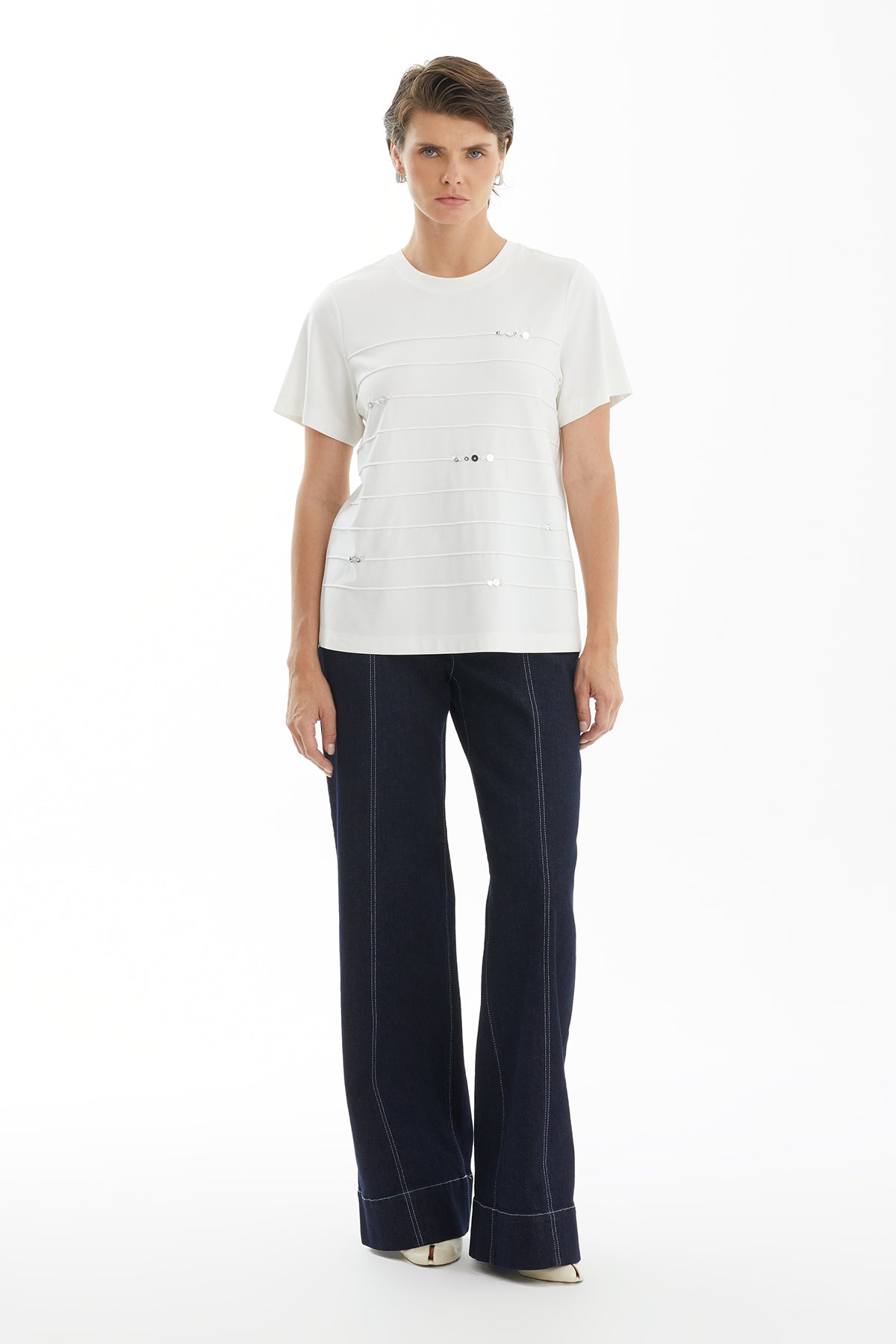 Ecru T-Shirt with Stitch and Sequin Detail