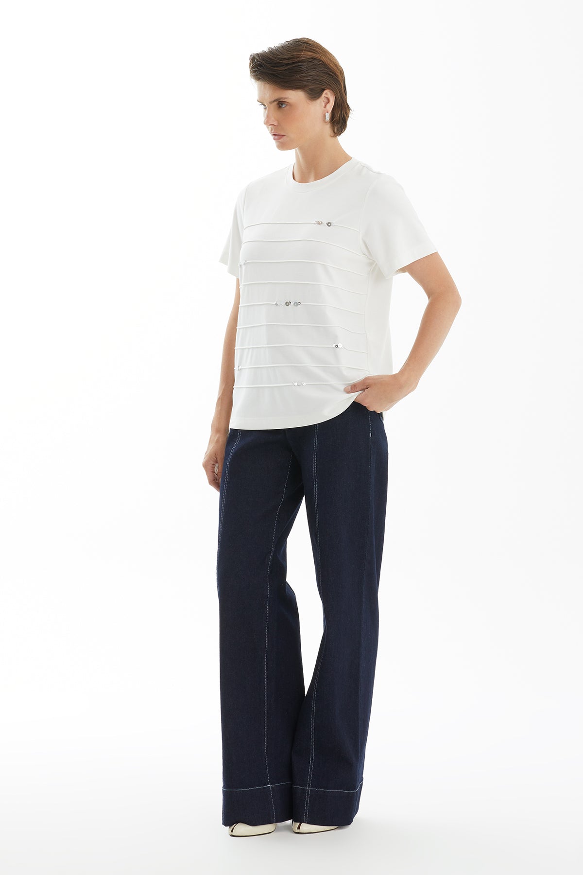 Ecru T-Shirt with Stitch and Sequin Detail