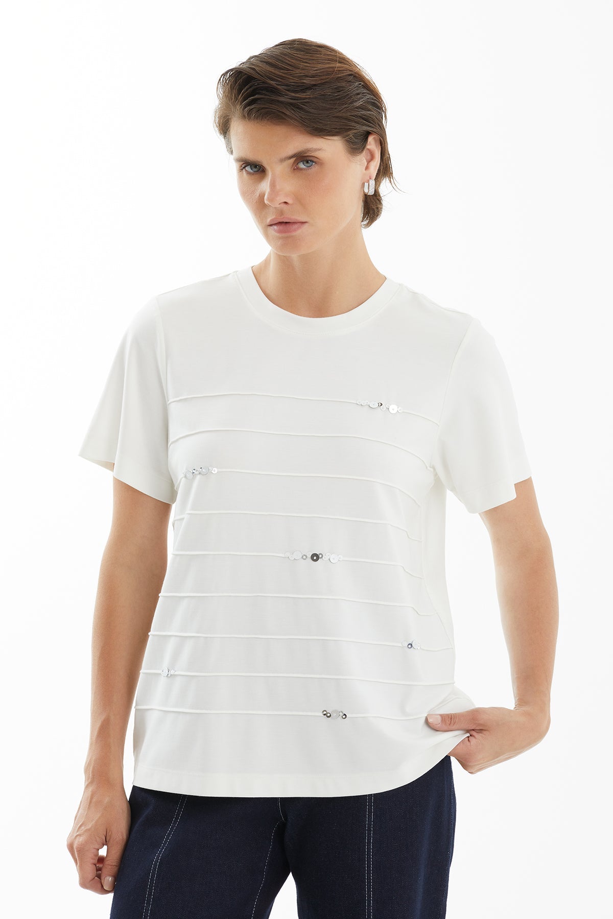 Ecru T-Shirt with Stitch and Sequin Detail
