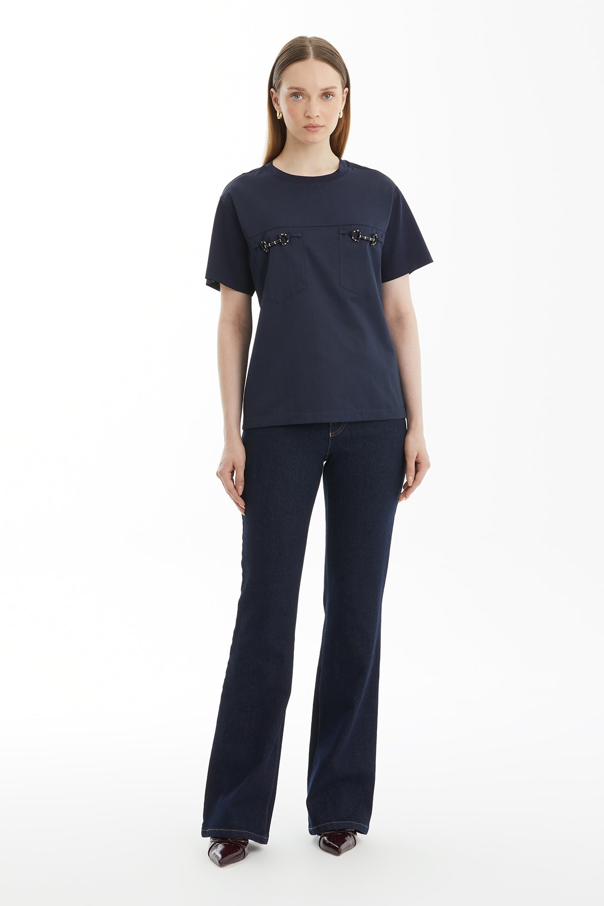Dark Navy Poplin Trim T-Shirt with Pocket Detail