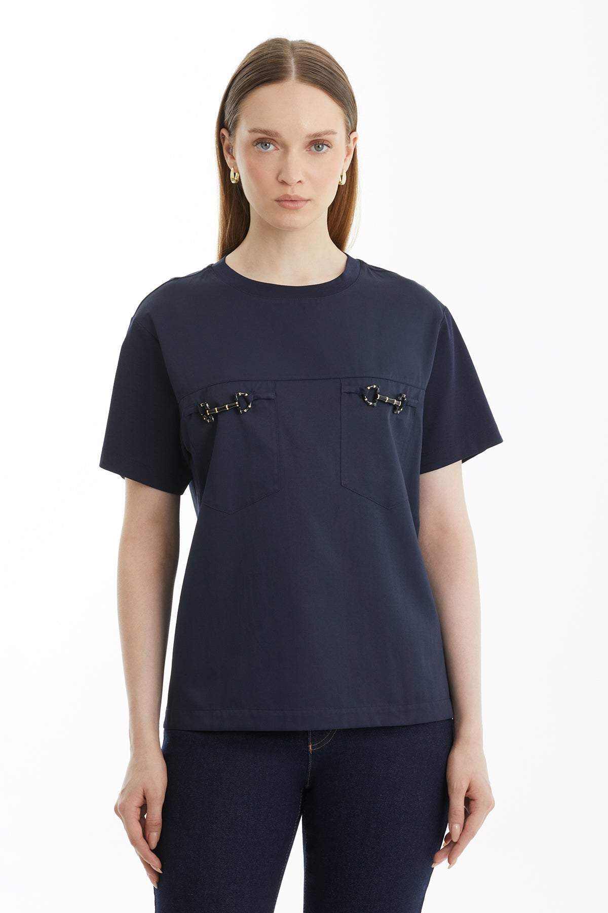 Dark Navy Poplin Trim T-Shirt with Pocket Detail