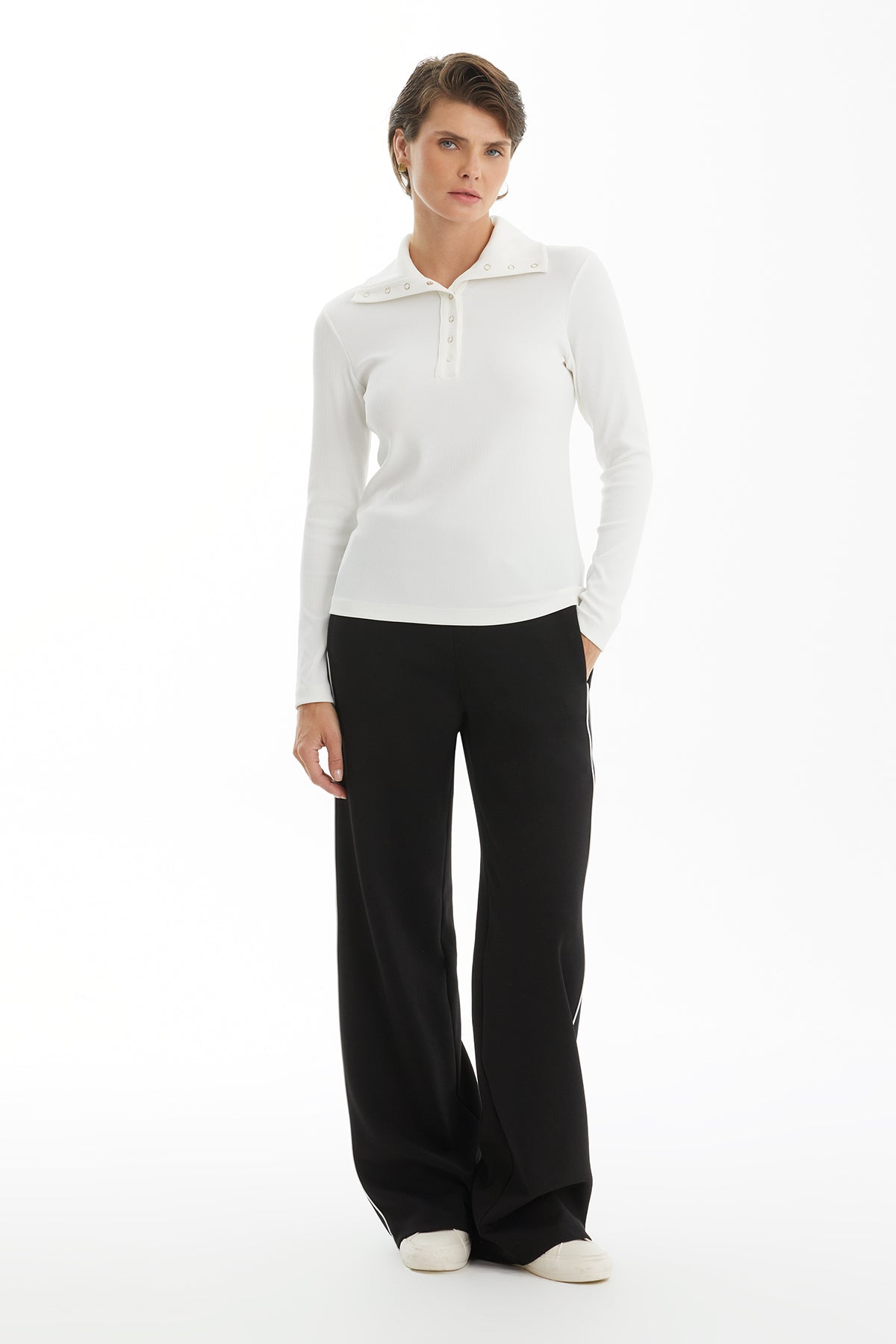 Ecru Long Blouse with Snap Detail