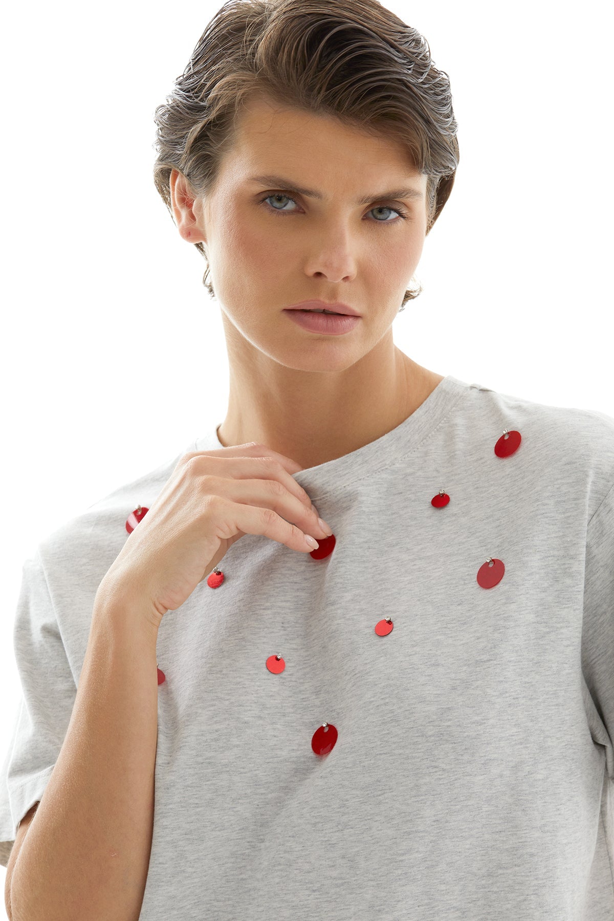 Grey T-Shirt with Red Sequin Detail