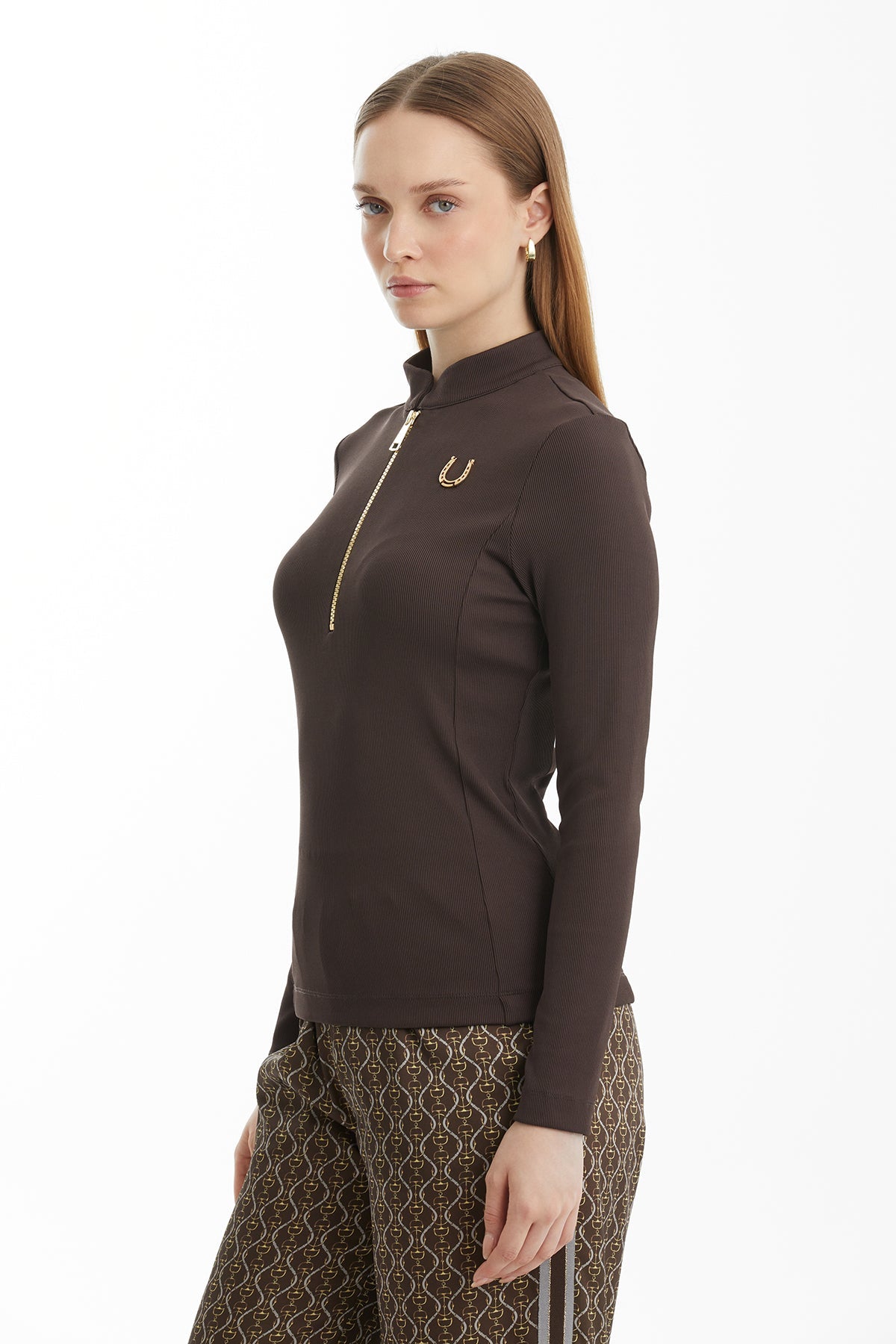 Brown Zippered Blouse with Accessory