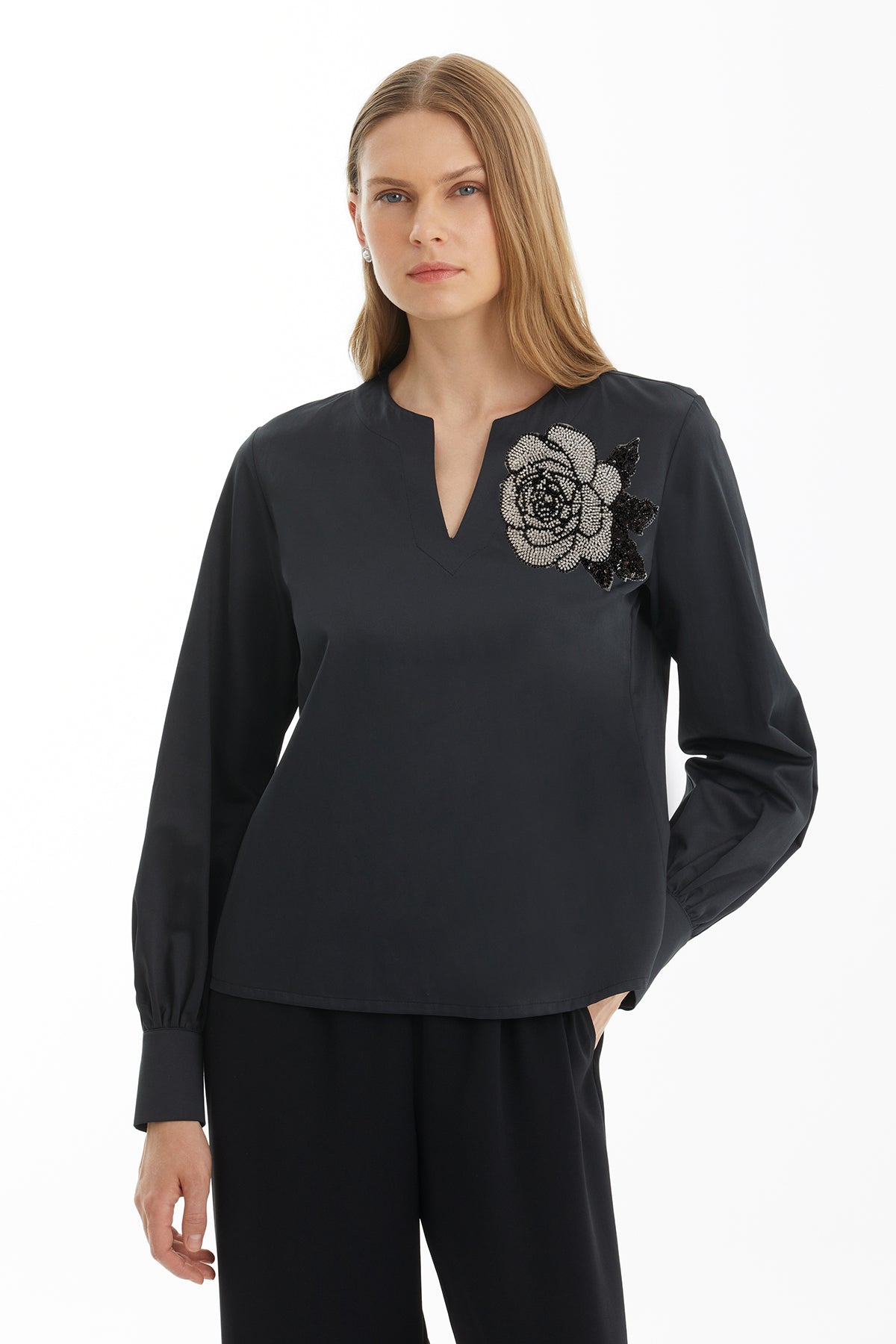 Black Blouse with Beaded Floral Detail