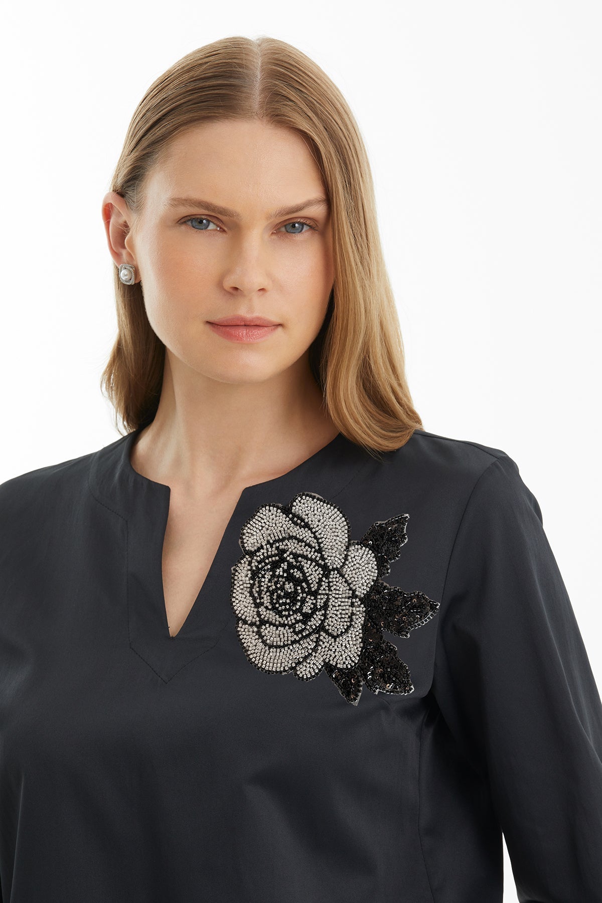 Black Blouse with Beaded Floral Detail