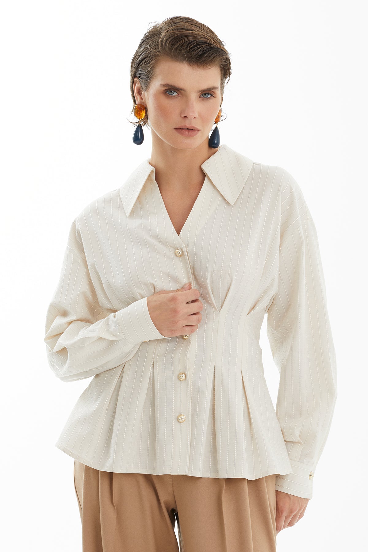 Beige Striped Shirt with Waist Pleat Detail