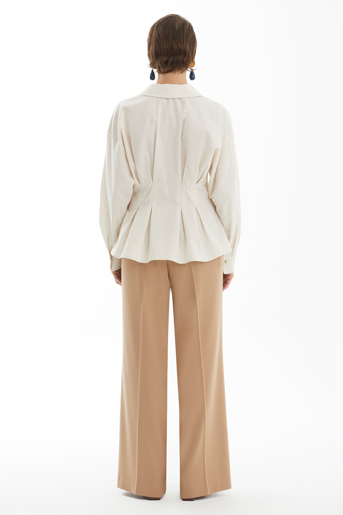 Beige Striped Shirt with Waist Pleat Detail