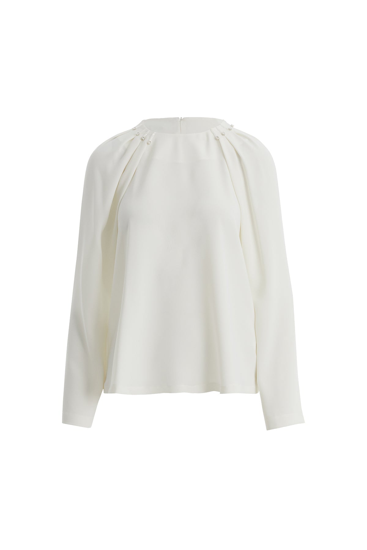 Ecru Crystal Embroidered Blouse with Shoulder Pleat Detail