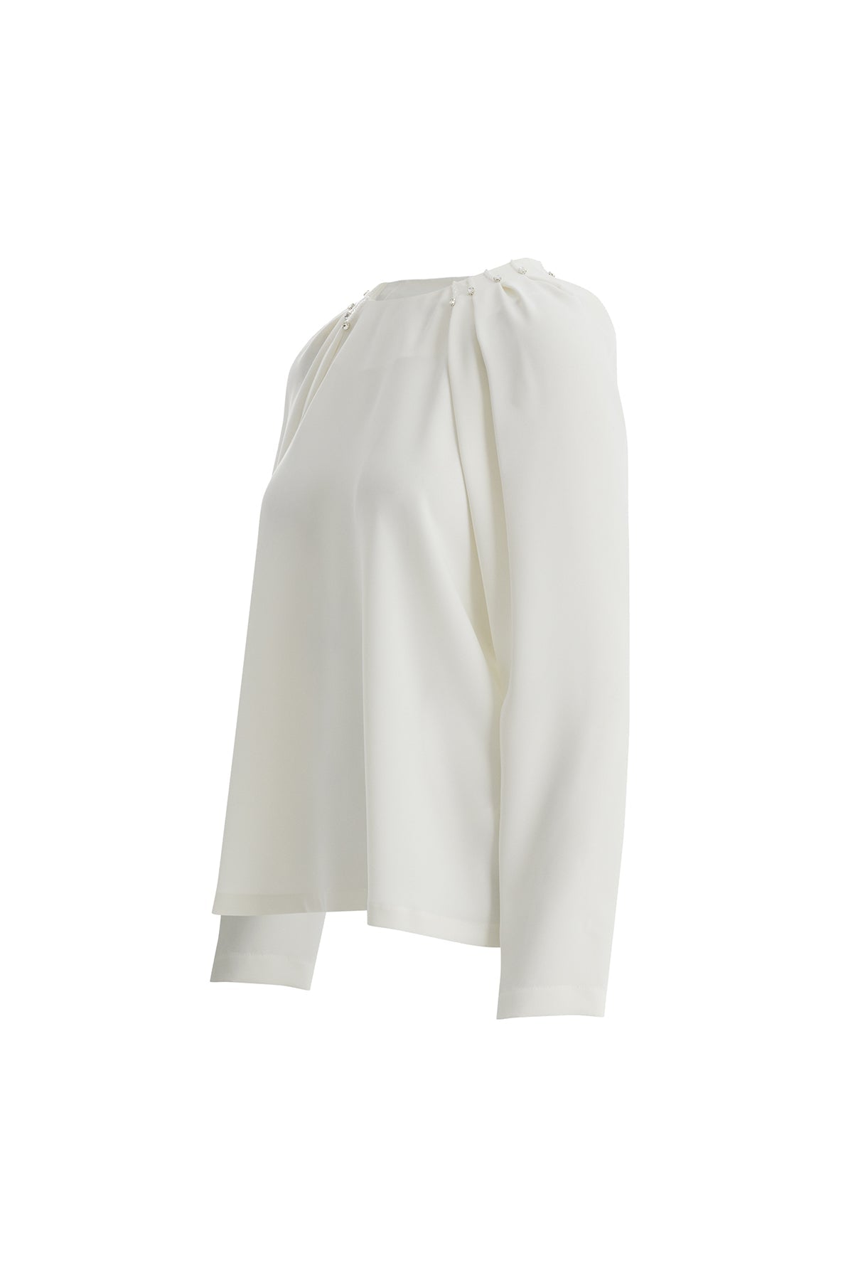 Ecru Crystal Embroidered Blouse with Shoulder Pleat Detail