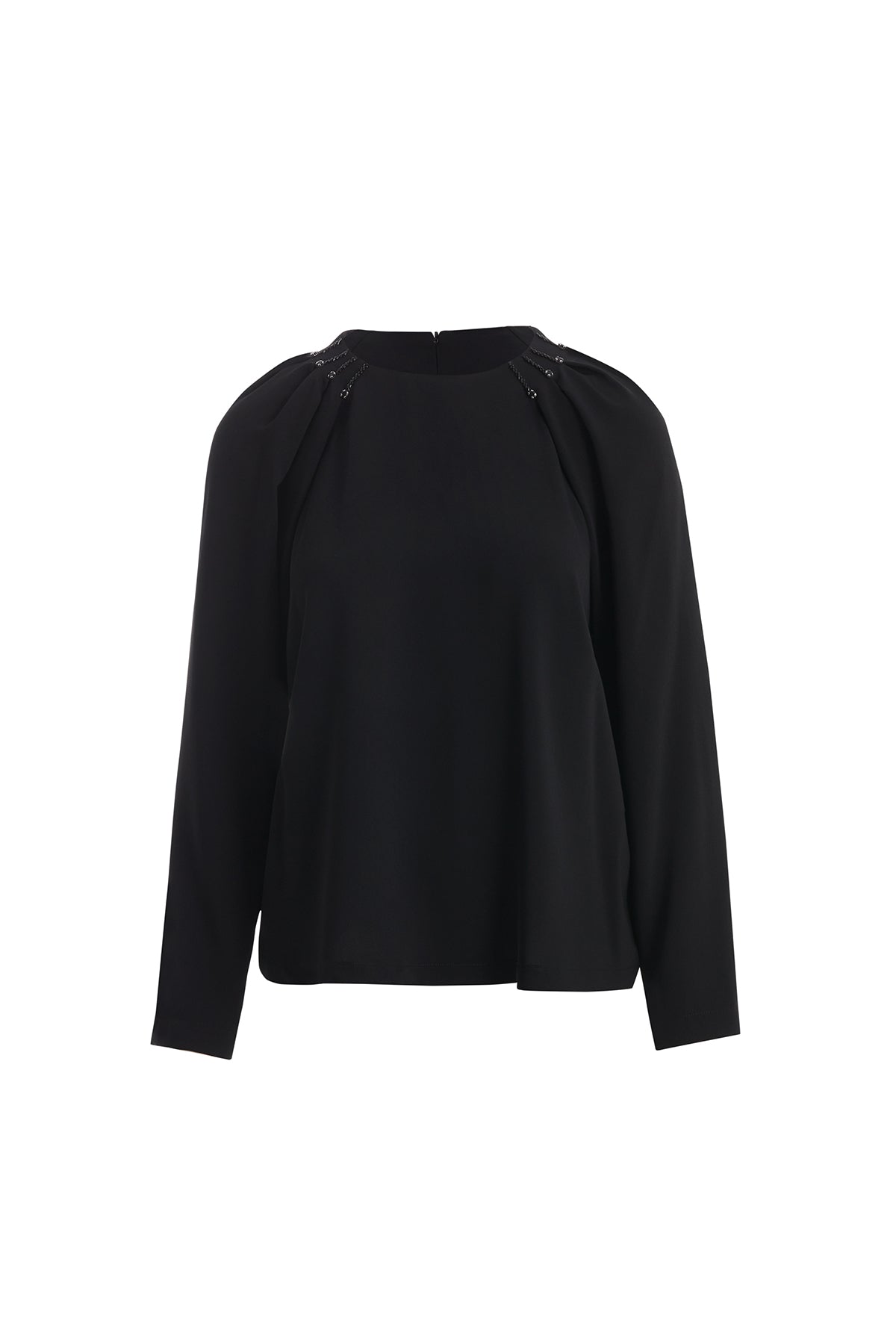 Black Crystal Embroidered Blouse with Shoulder Pleat Detail