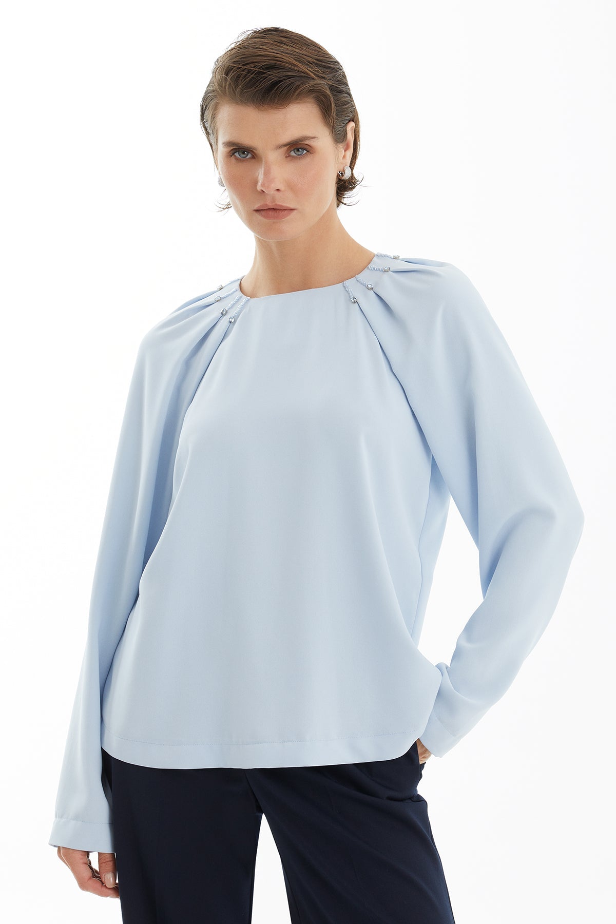 Blue Crystal Embroidered Blouse with Shoulder Pleat Detail