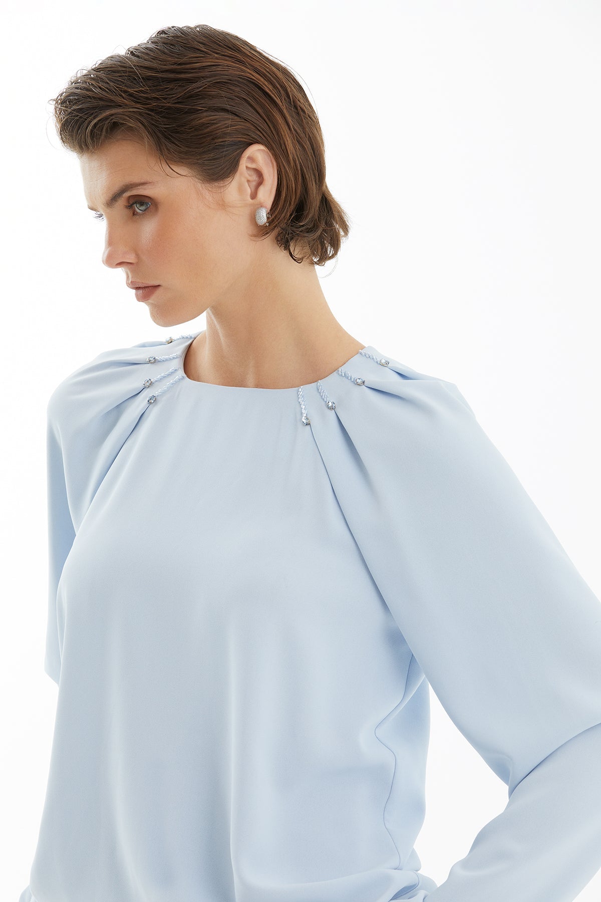 Blue Crystal Embroidered Blouse with Shoulder Pleat Detail
