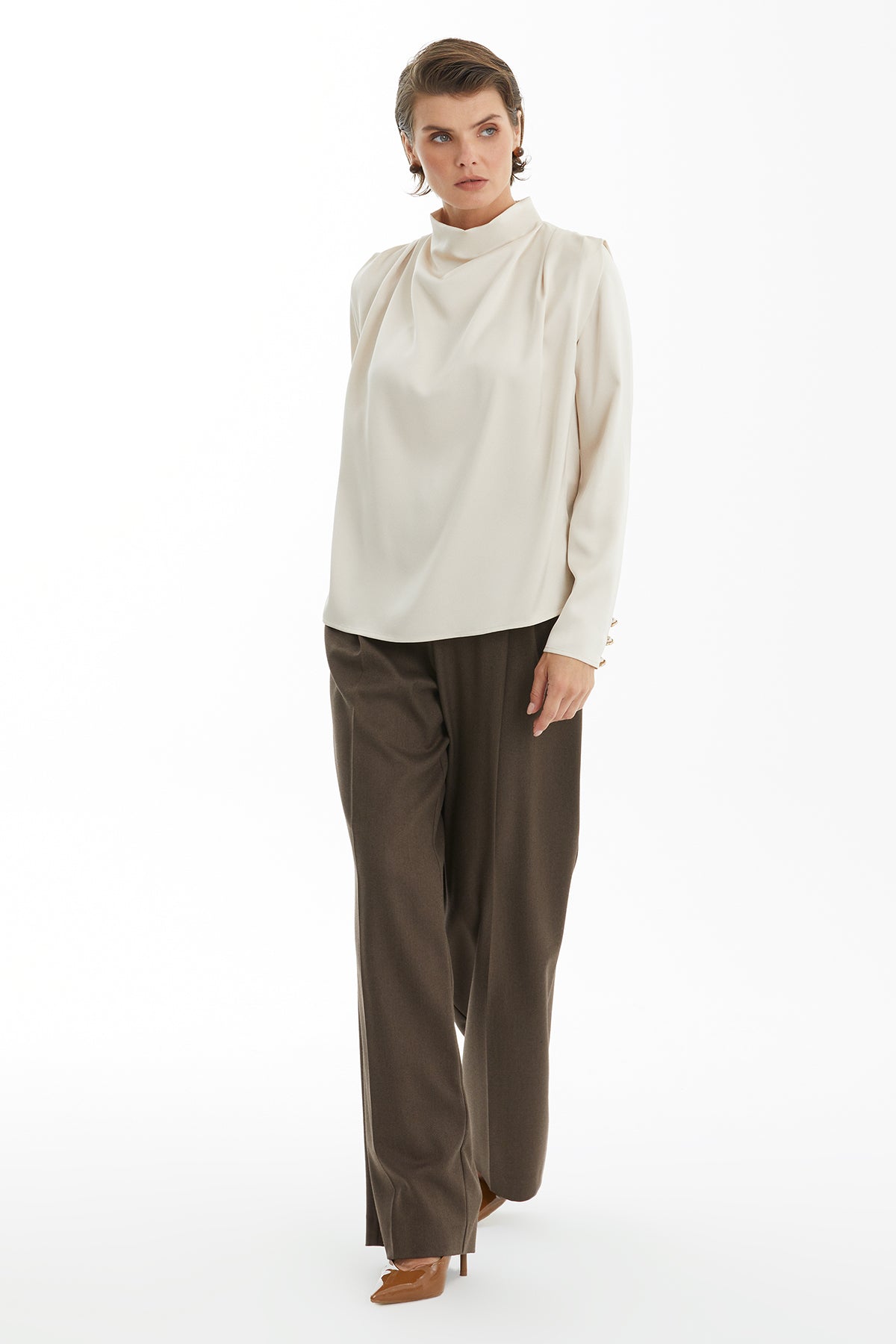 Brown Long Sleeve Blouse with Cowl Neck