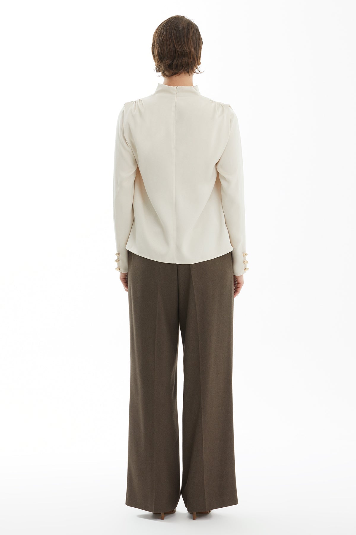 Brown Long Sleeve Blouse with Cowl Neck