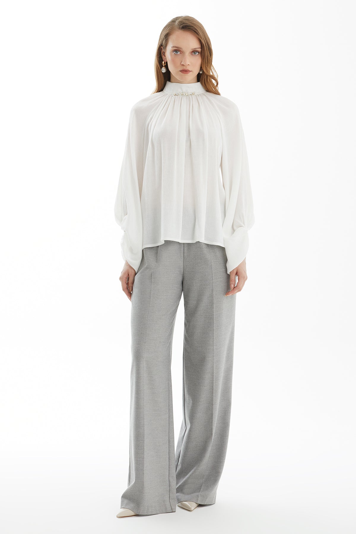 Ecru Balloon Sleeve Blouse with Embroidery