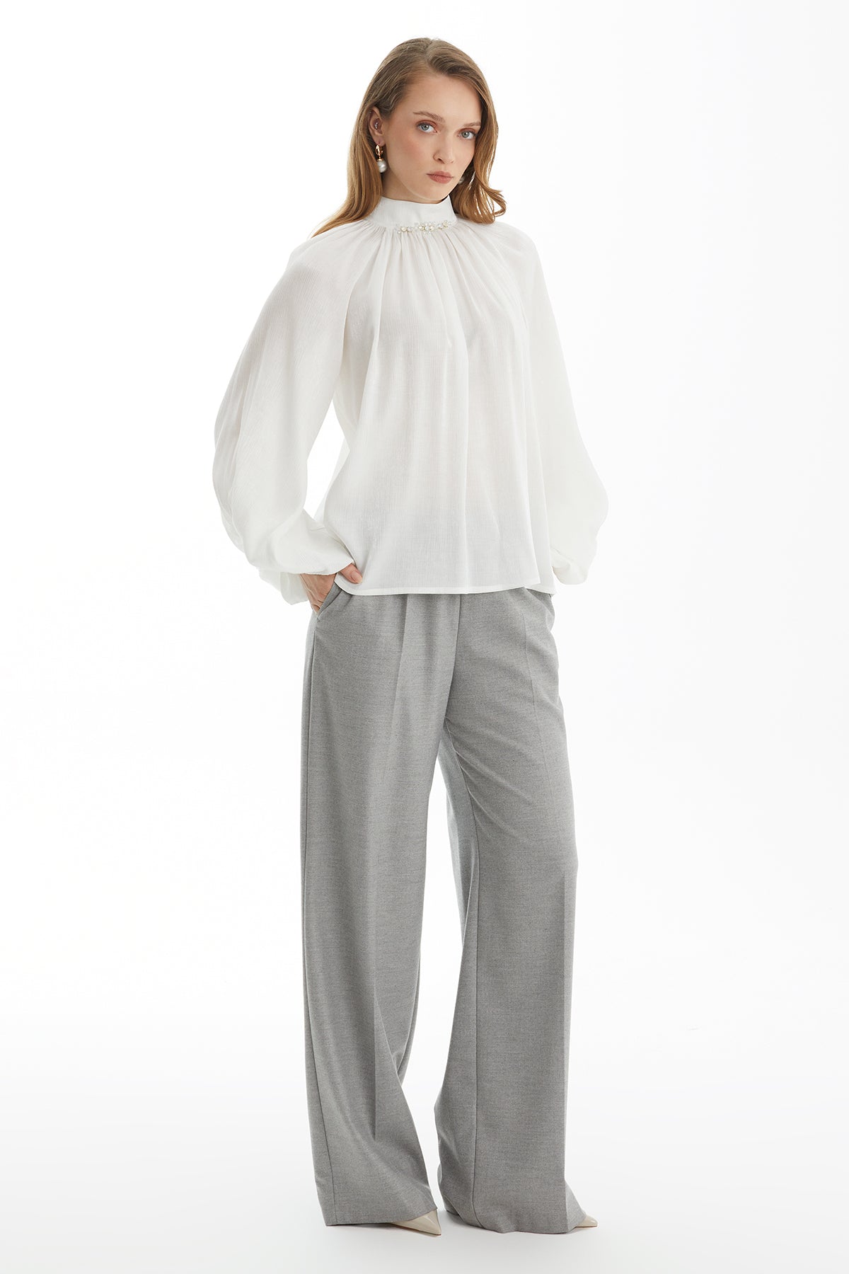Ecru Balloon Sleeve Blouse with Embroidery