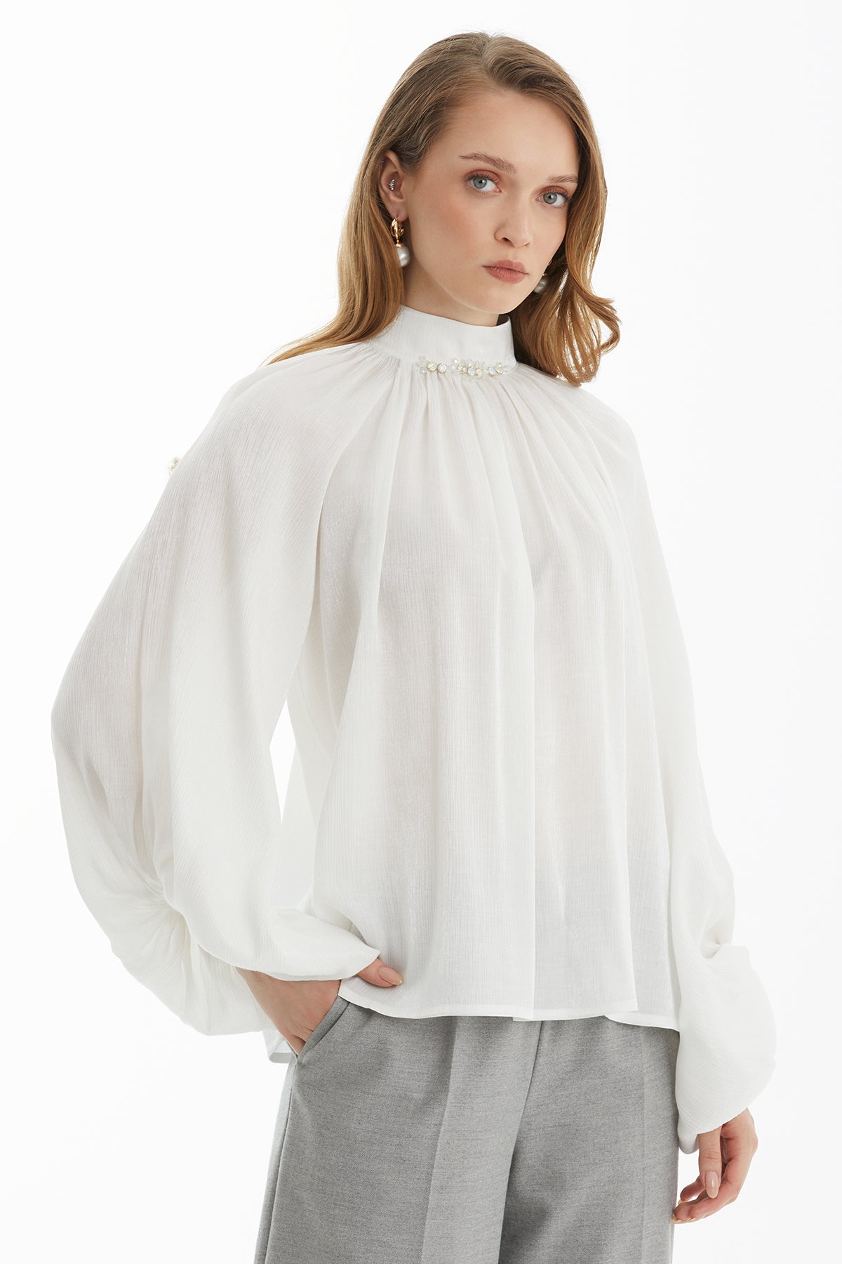 Ecru Balloon Sleeve Blouse with Embroidery