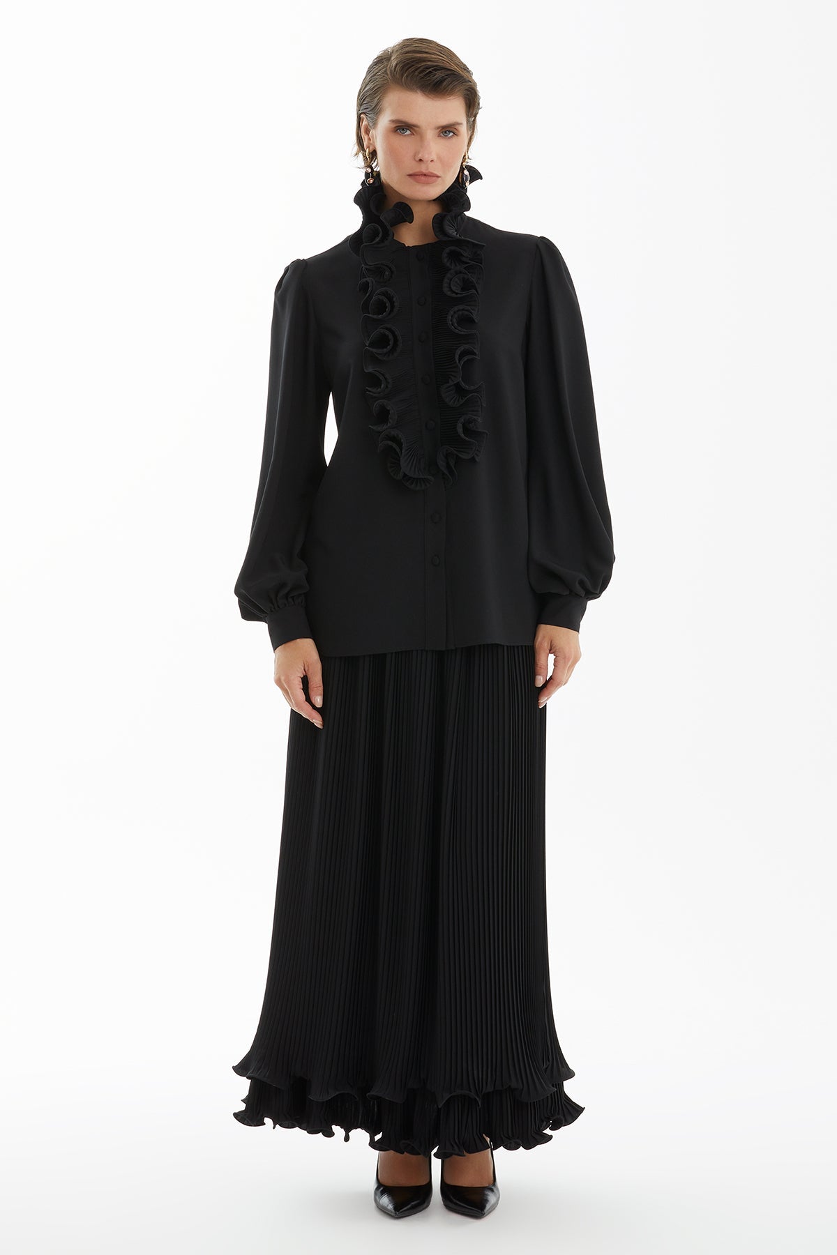 Black Pleated Ruffle Detail Shirt