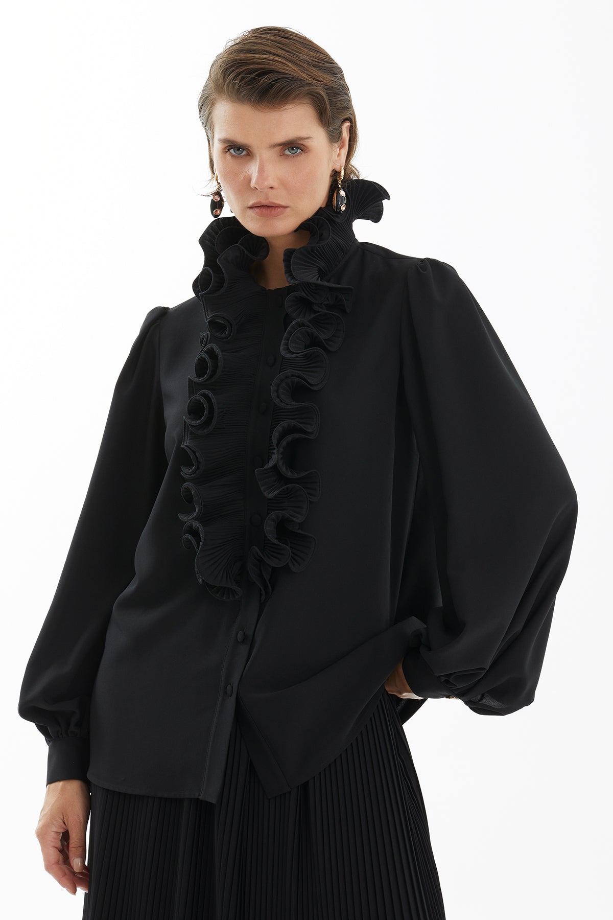 Black Pleated Ruffle Detail Shirt