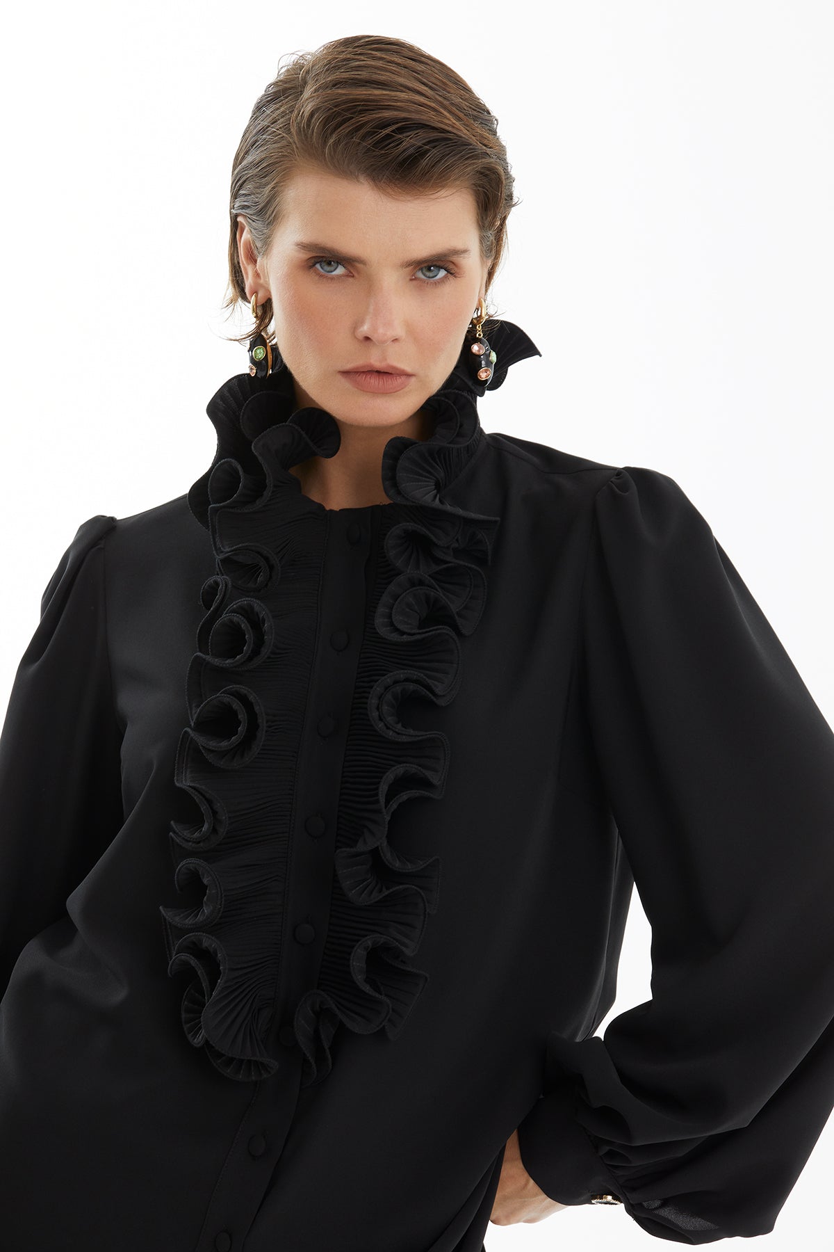 Black Pleated Ruffle Detail Shirt