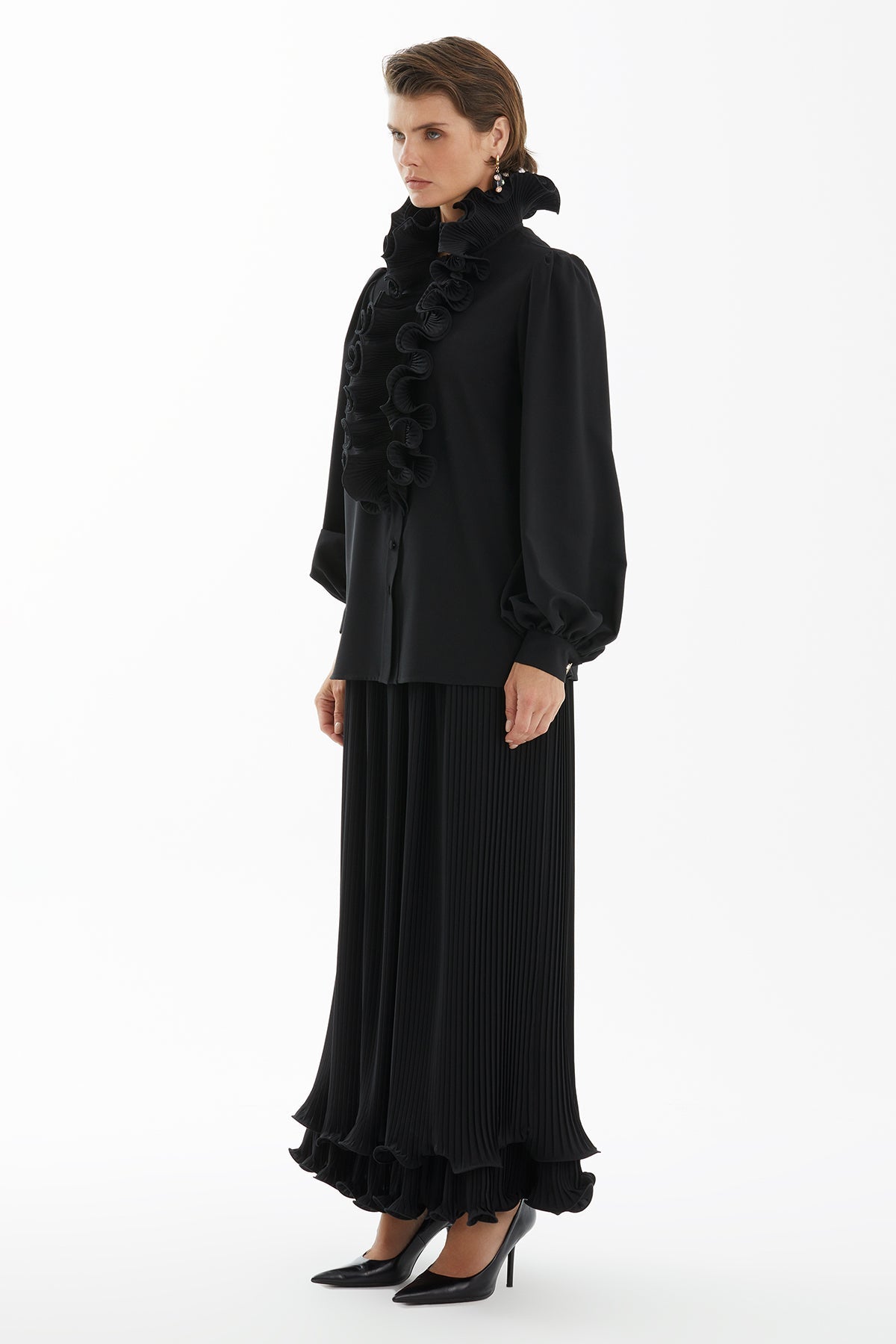 Black Pleated Ruffle Detail Shirt