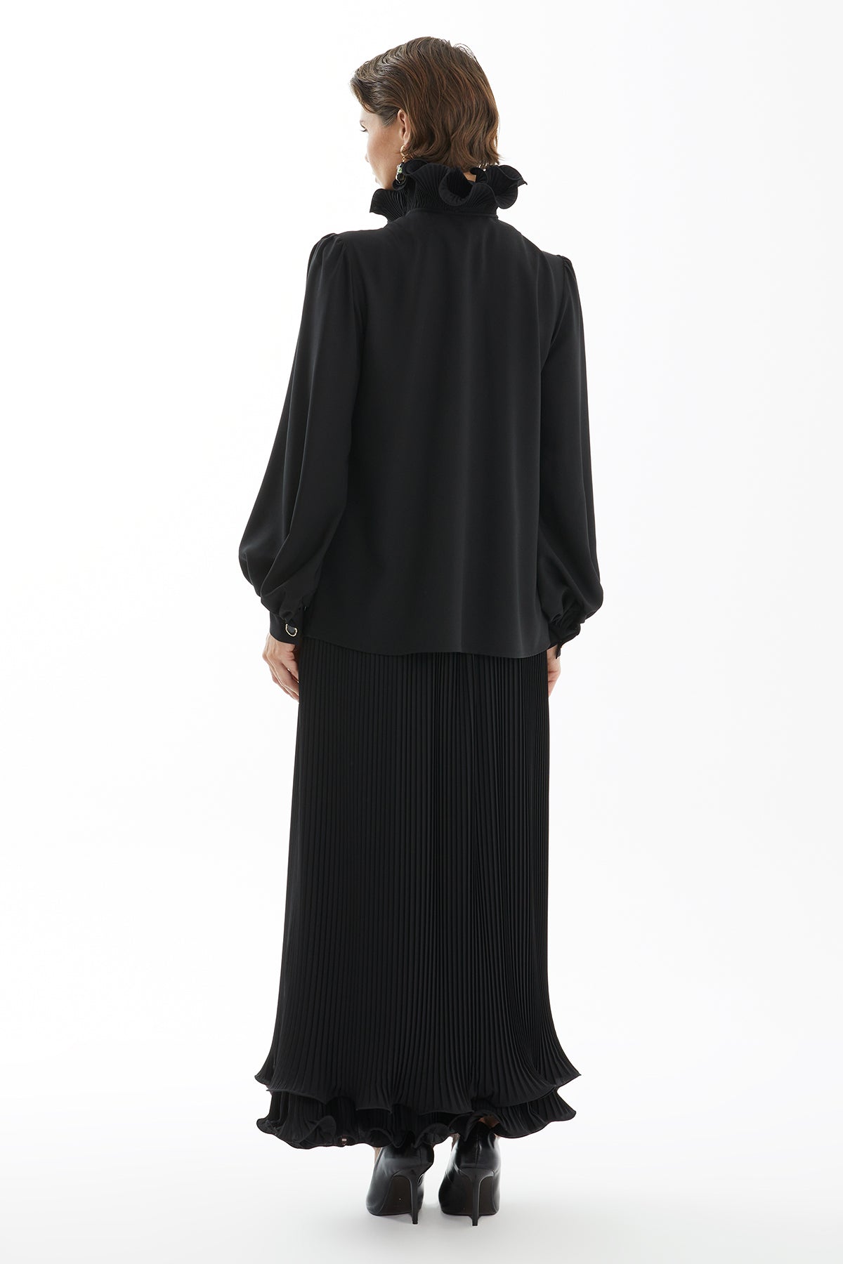 Black Pleated Ruffle Detail Shirt