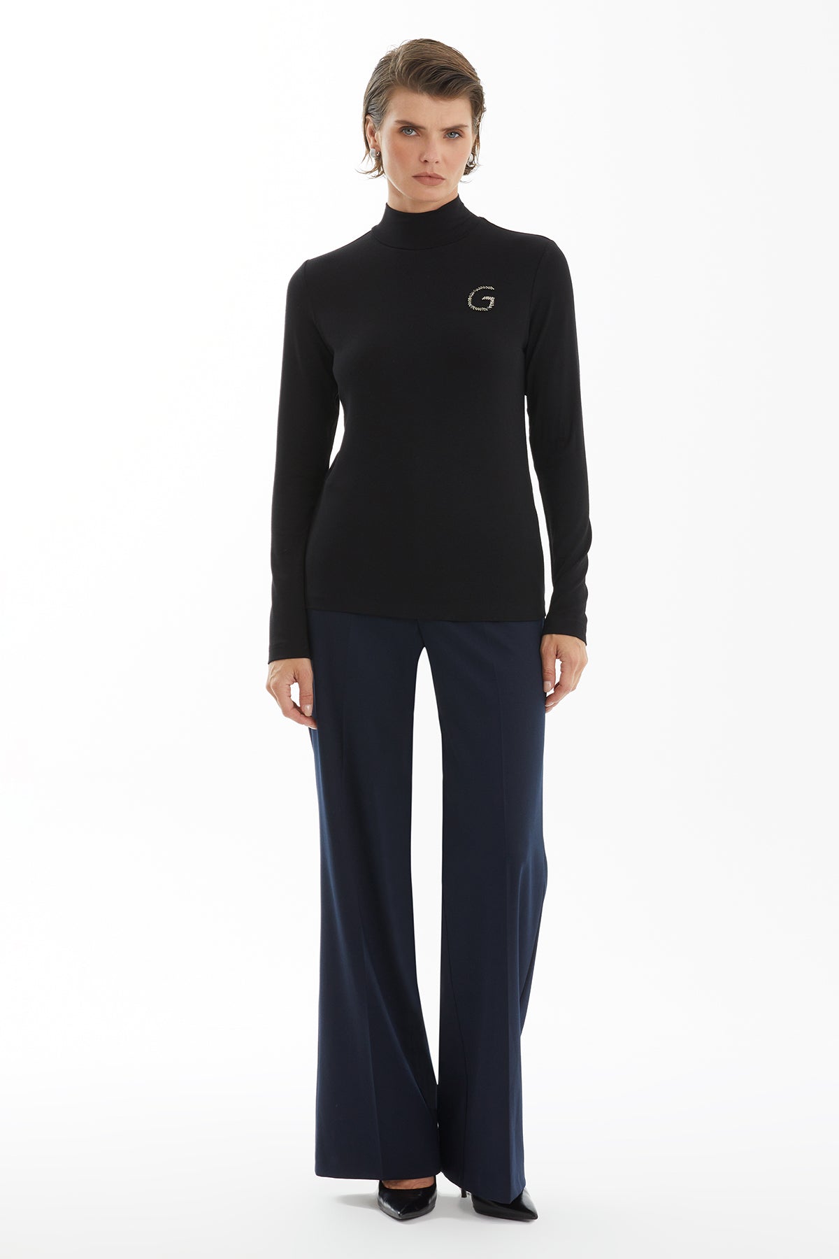 Black Turtleneck Blouse with G Embroidery