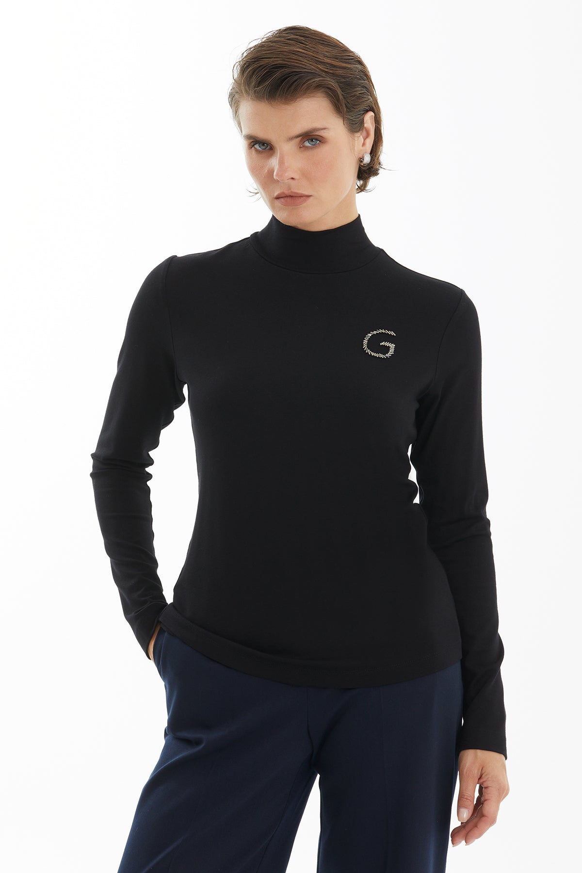 Black Turtleneck Blouse with G Embroidery