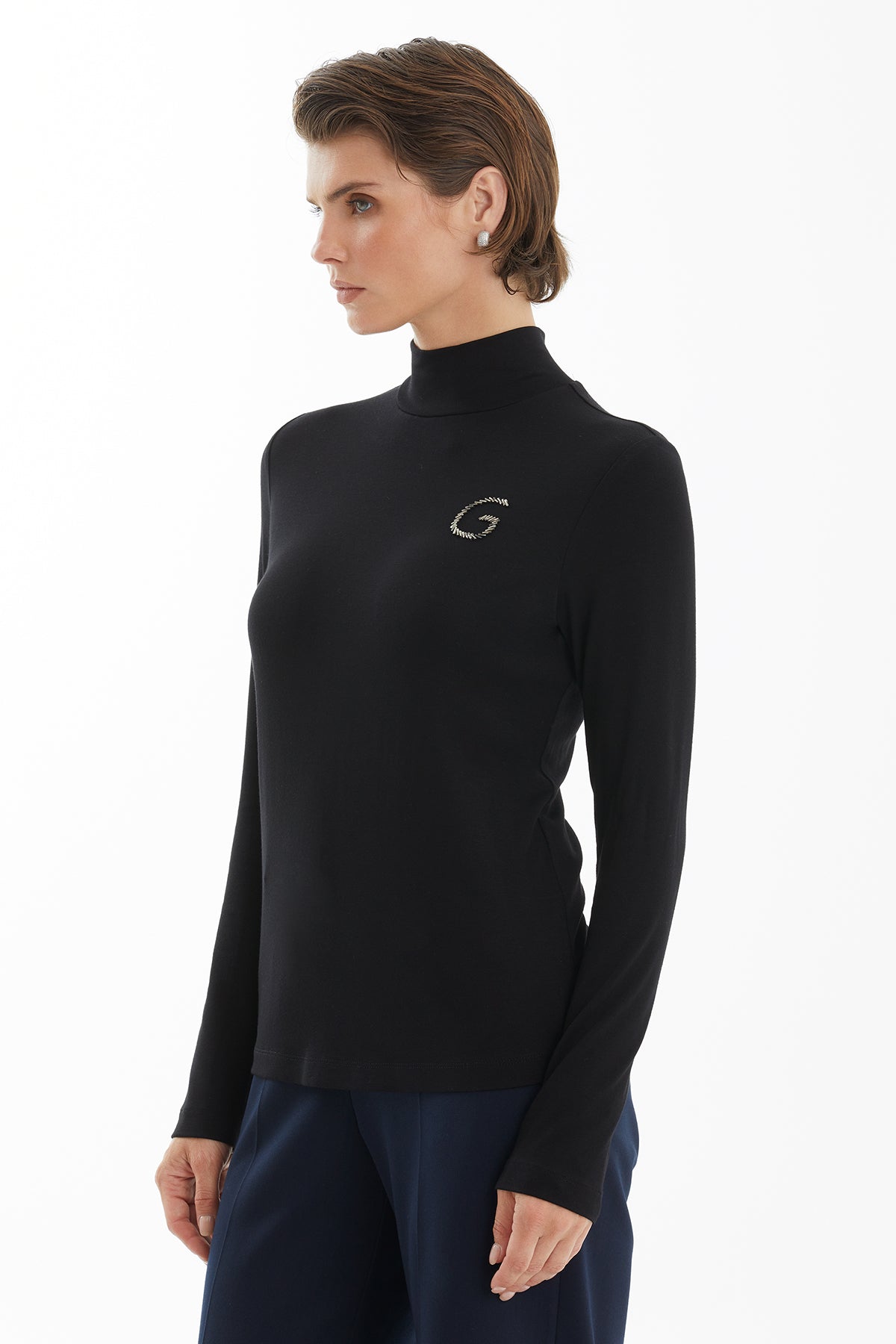 Black Turtleneck Blouse with G Embroidery