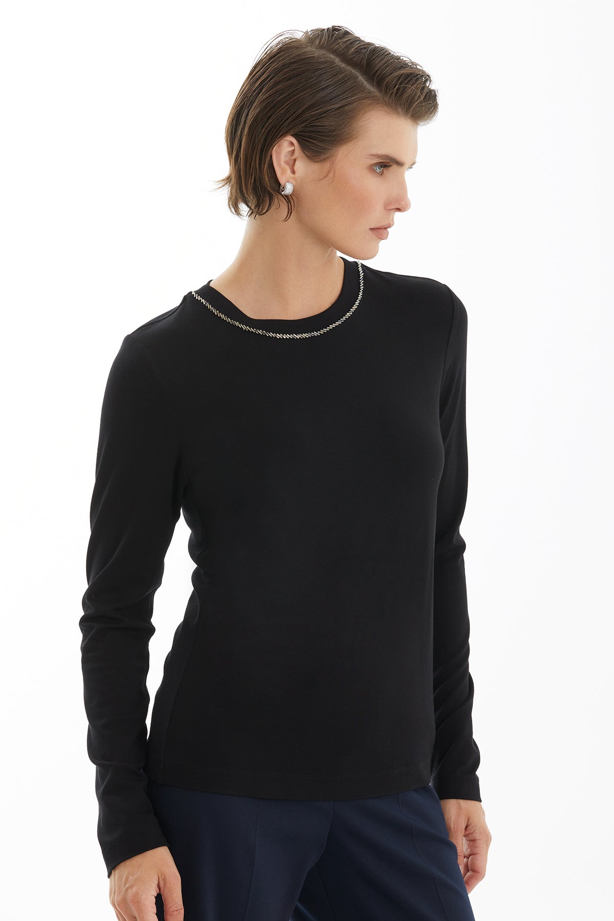 Black Blouse with Embroidered Collar