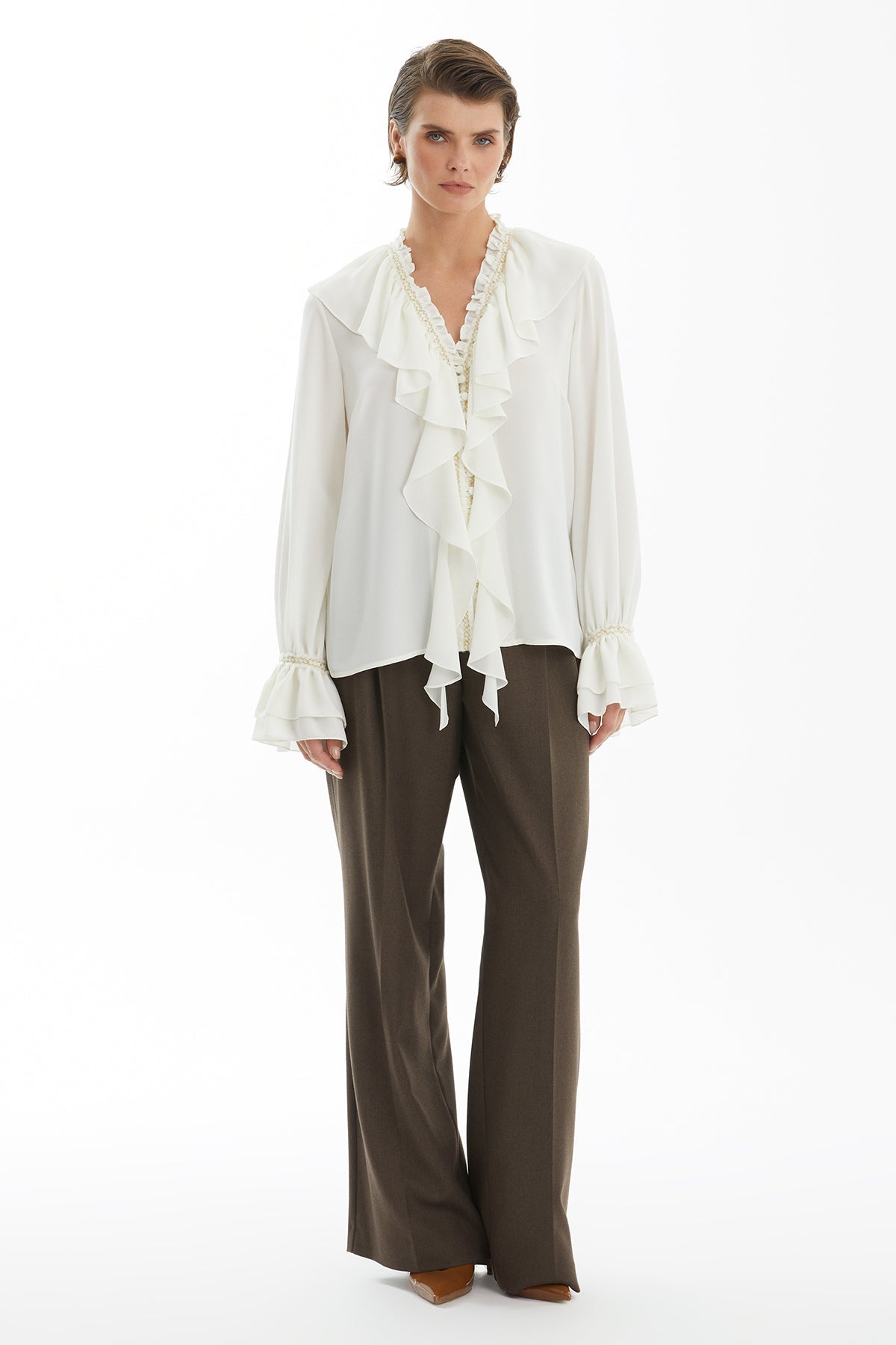 Ecru Ruffle Collar Blouse with Accessory Detail
