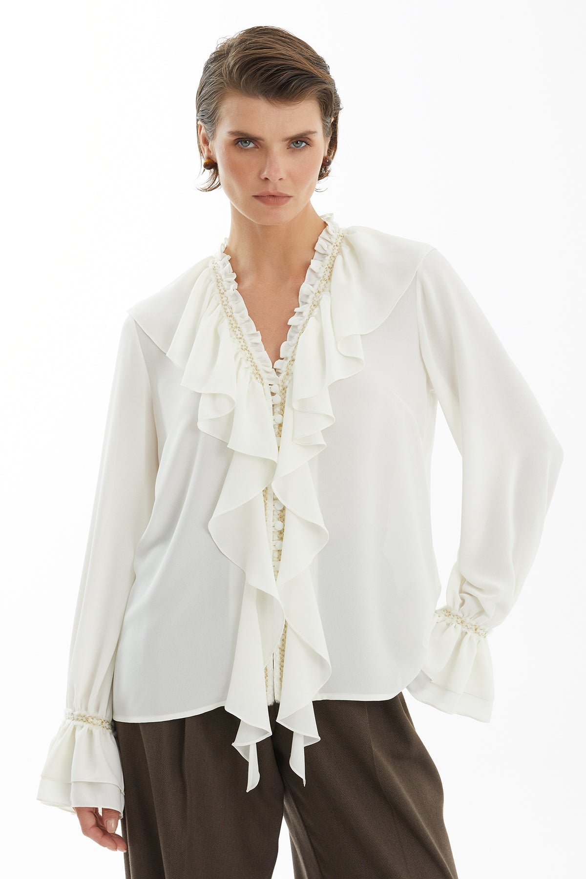 Ecru Ruffle Collar Blouse with Accessory Detail
