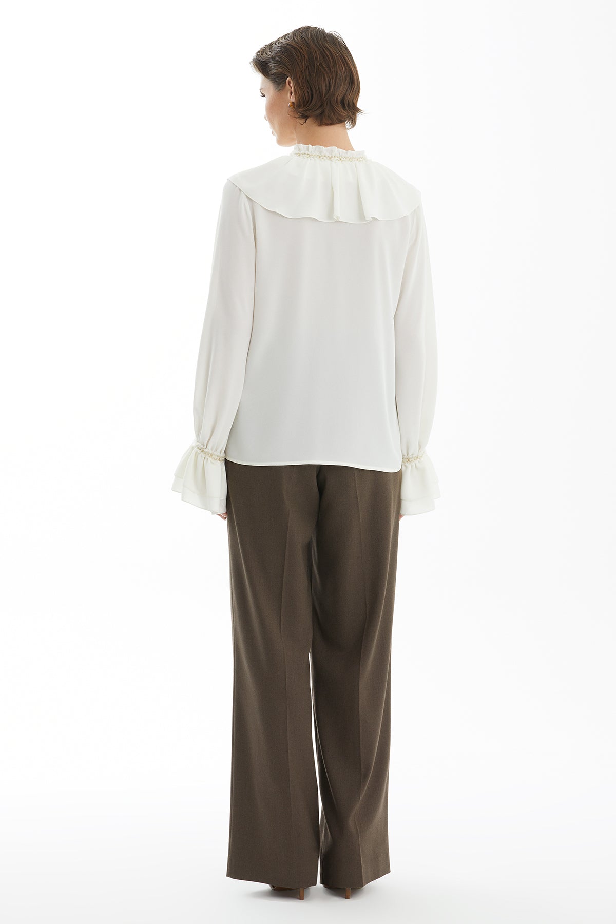 Ecru Ruffle Collar Blouse with Accessory Detail