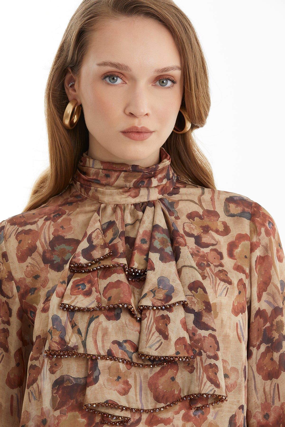 Ruffled Front Blouse with Bead Detail