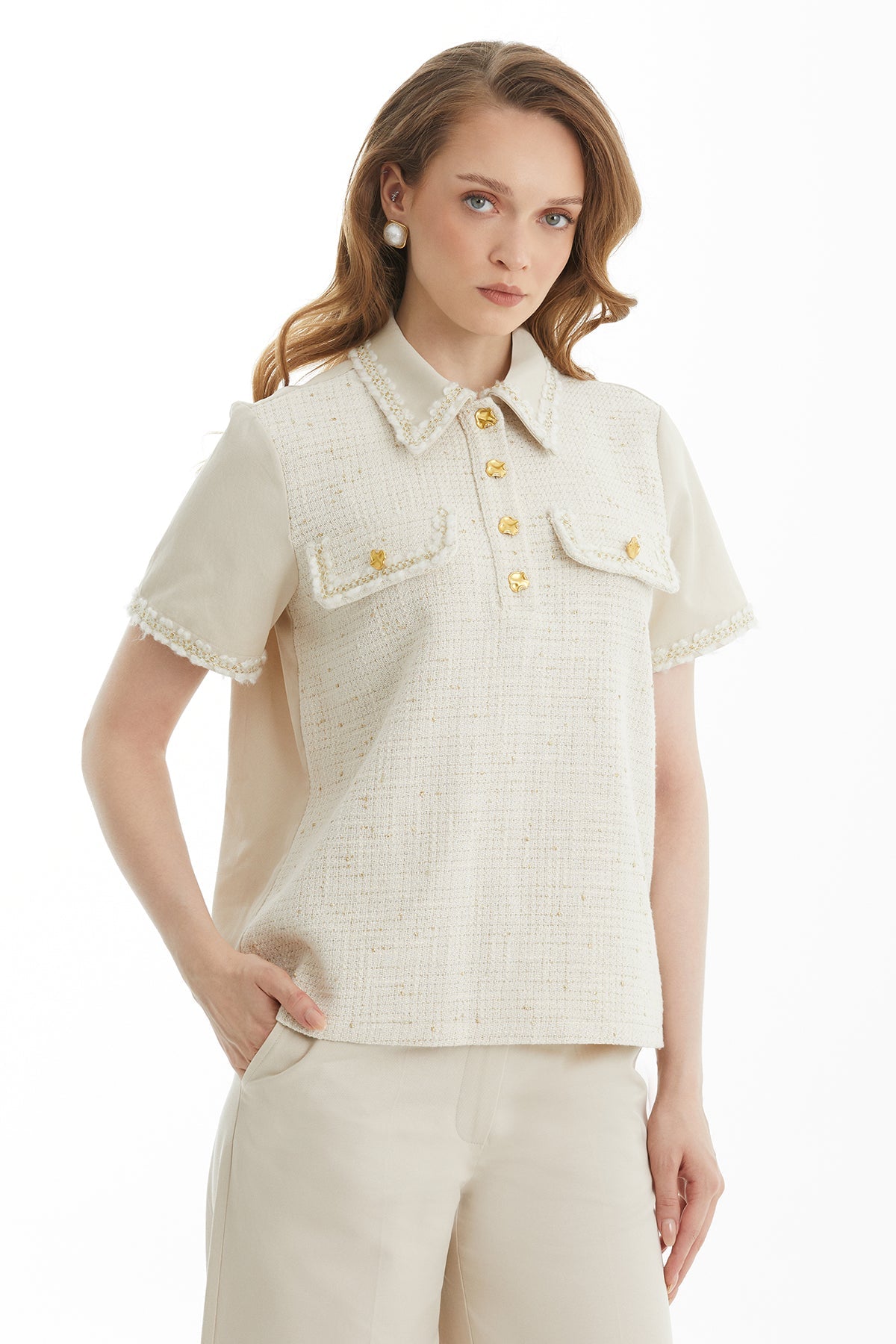 Ecru Polo Collar Woven Blouse