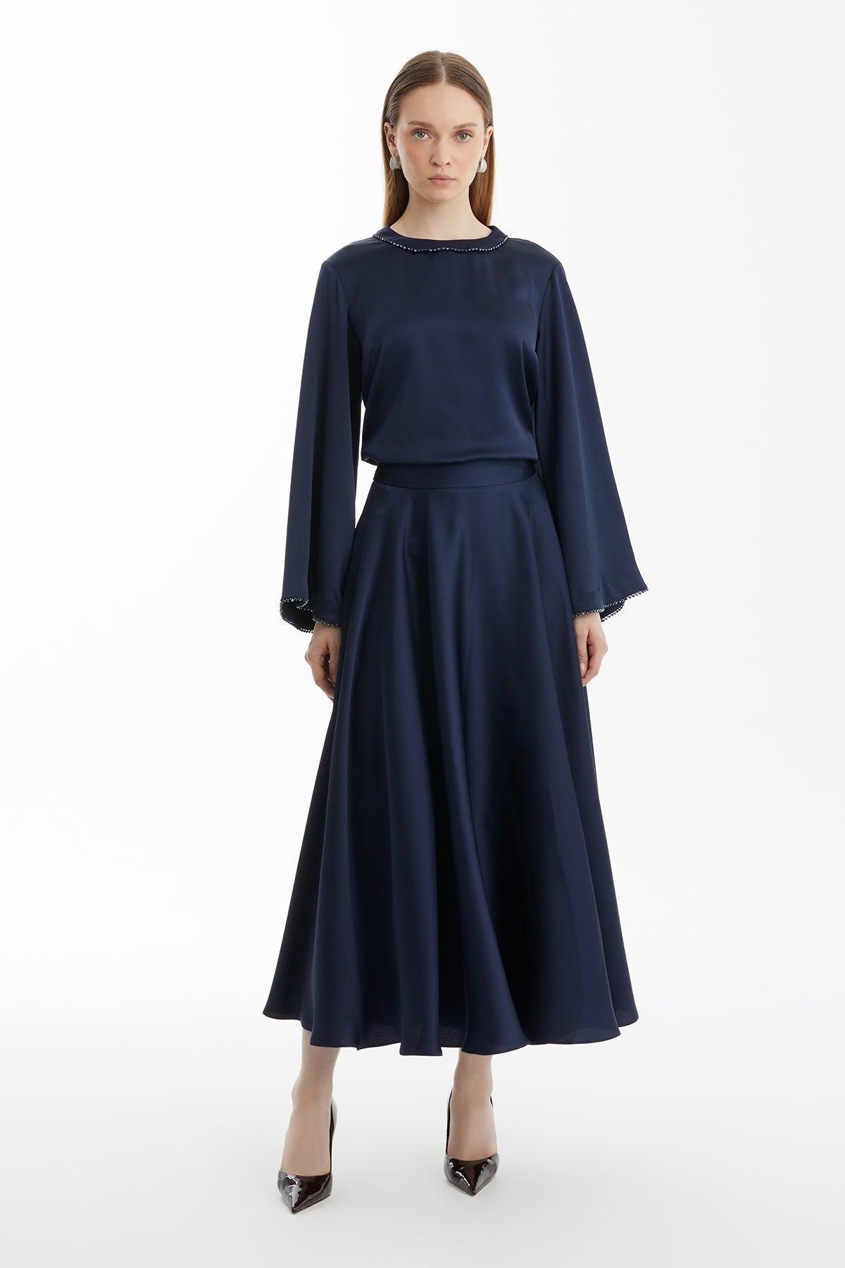 Navy Midi Flared Skirt