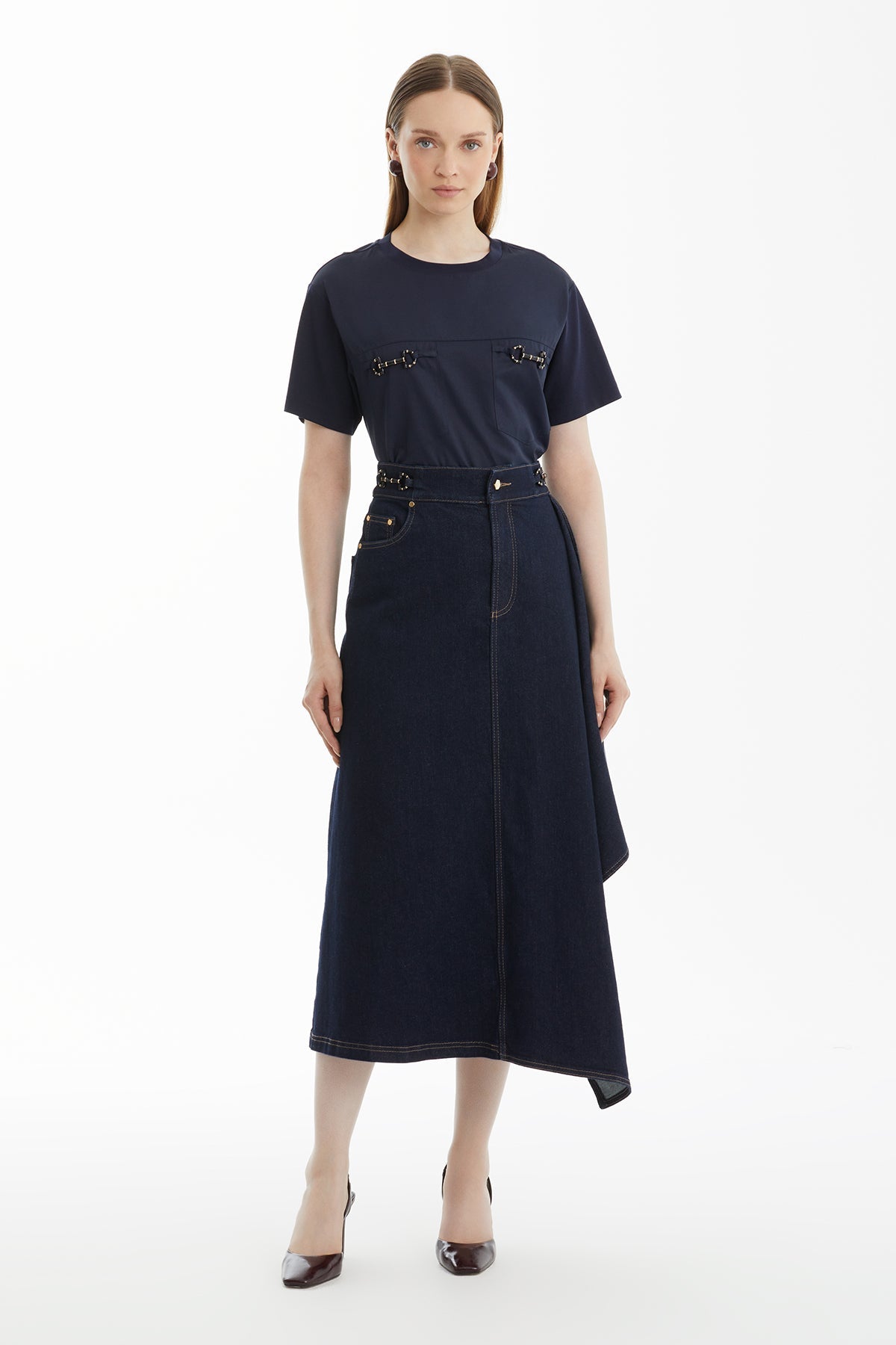 Dark Navy Denim Skirt with Ruffle Detail