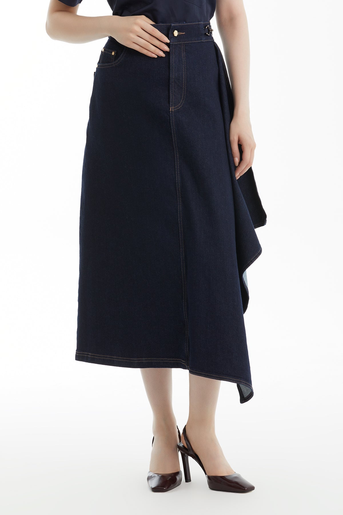 Dark Navy Denim Skirt with Ruffle Detail