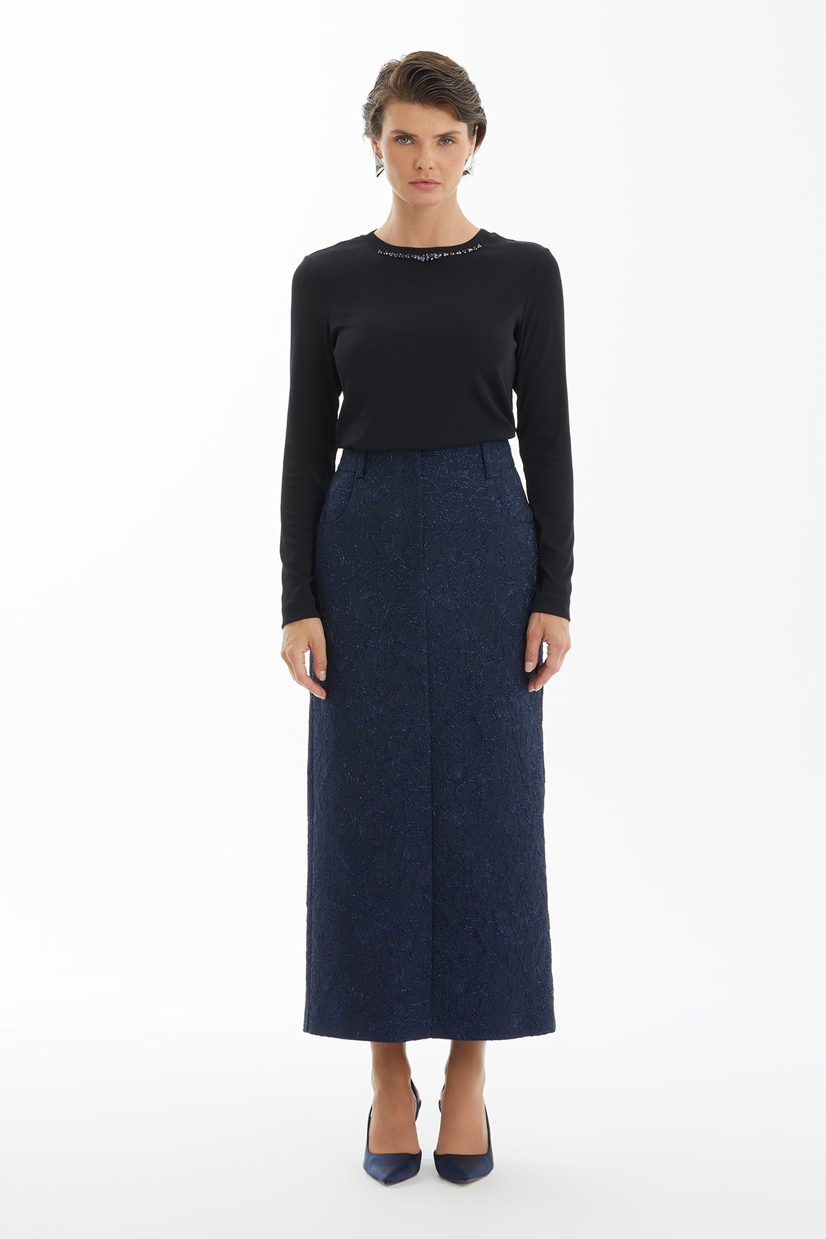 Dark Navy Jacquard Pencil Midi Skirt