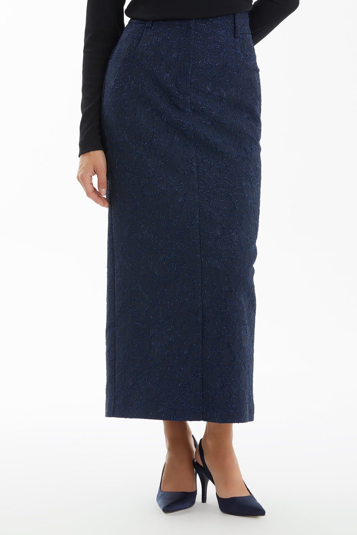 Dark Navy Jacquard Pencil Midi Skirt