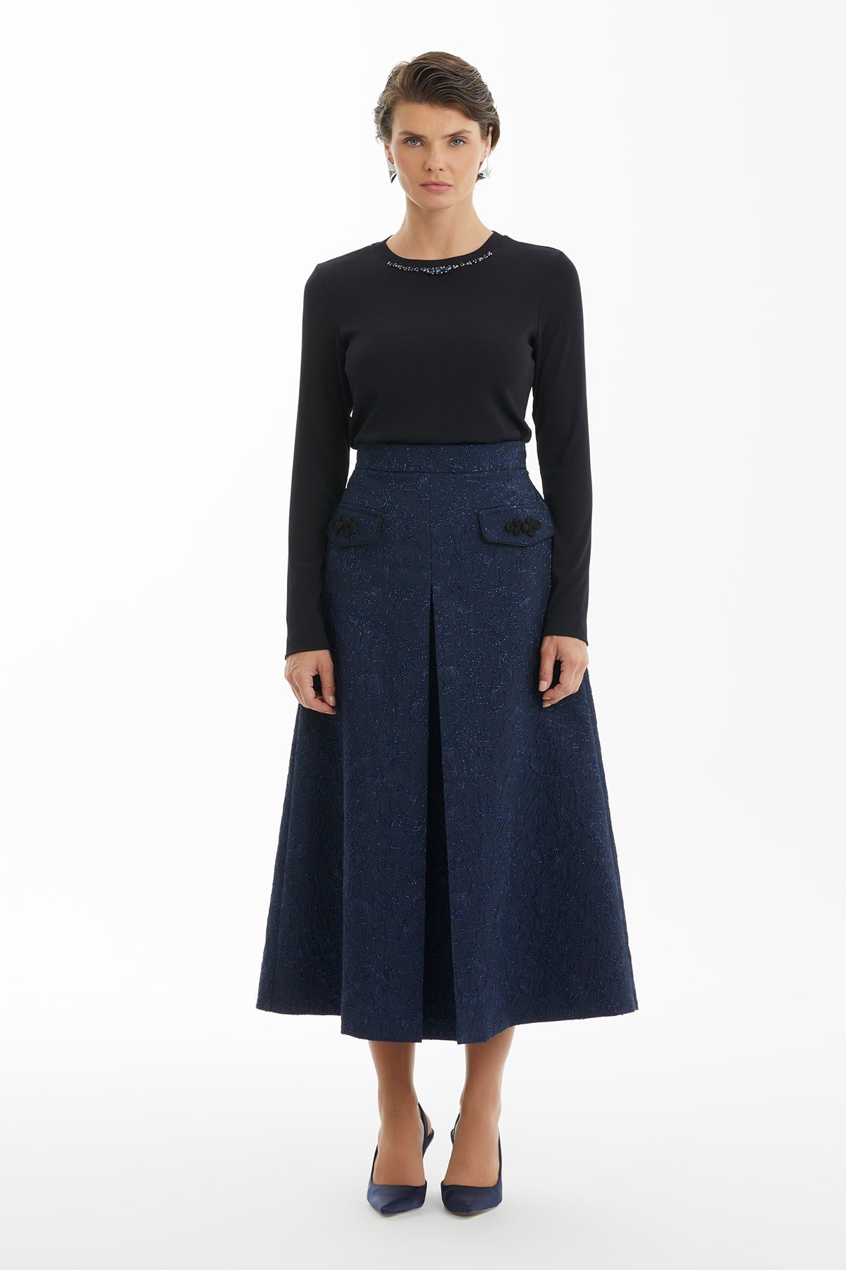 Dark Navy Jacquard A-Line Midi Skirt