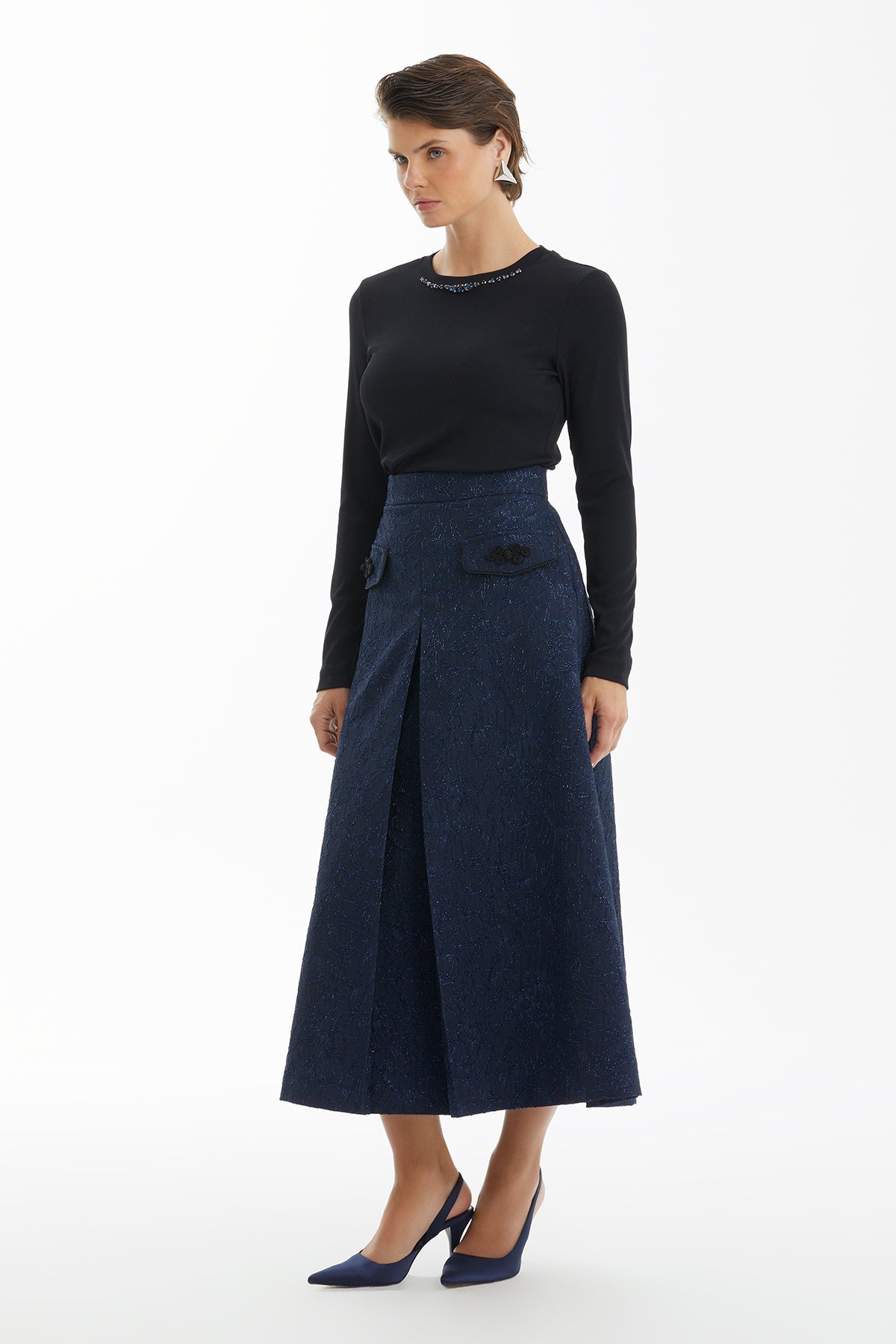 Dark Navy Jacquard A-Line Midi Skirt