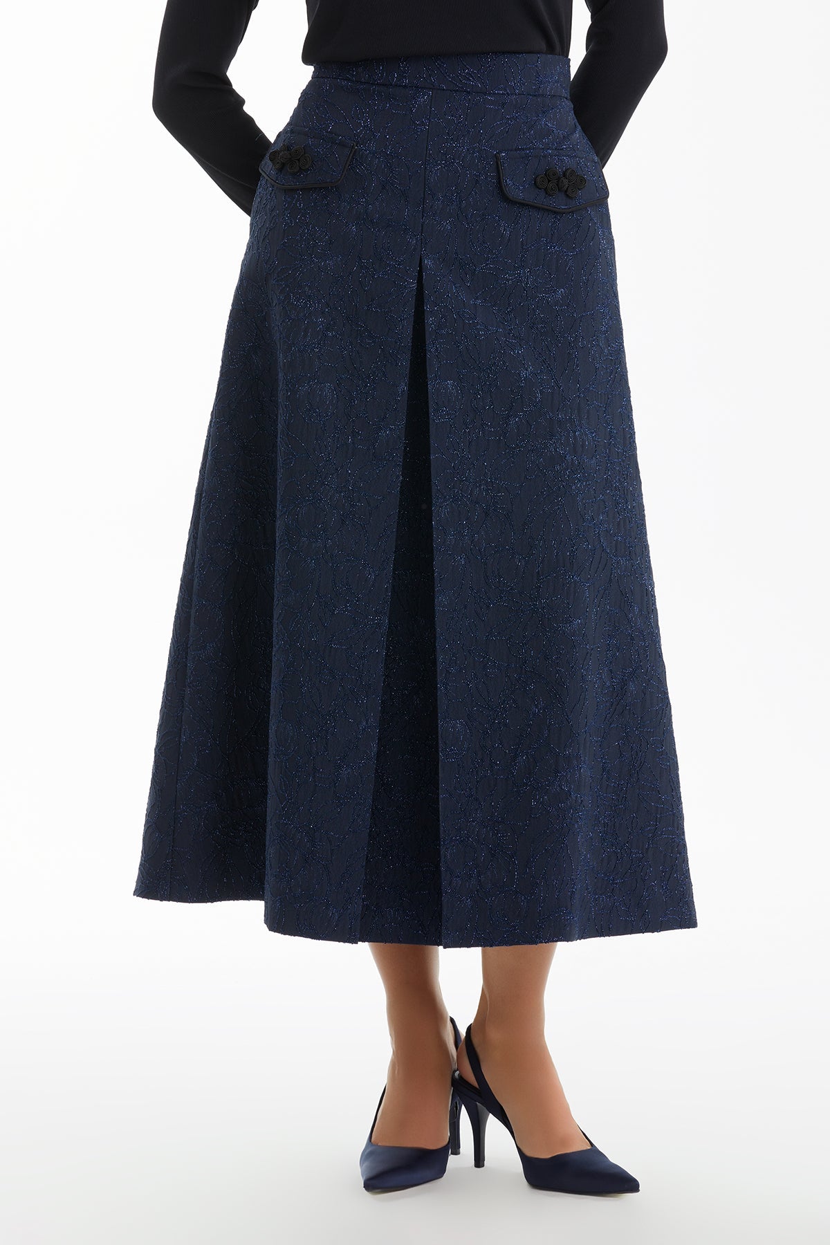 Dark Navy Jacquard A-Line Midi Skirt