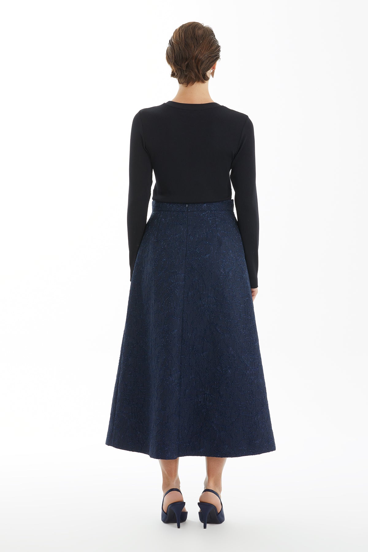 Dark Navy Jacquard A-Line Midi Skirt