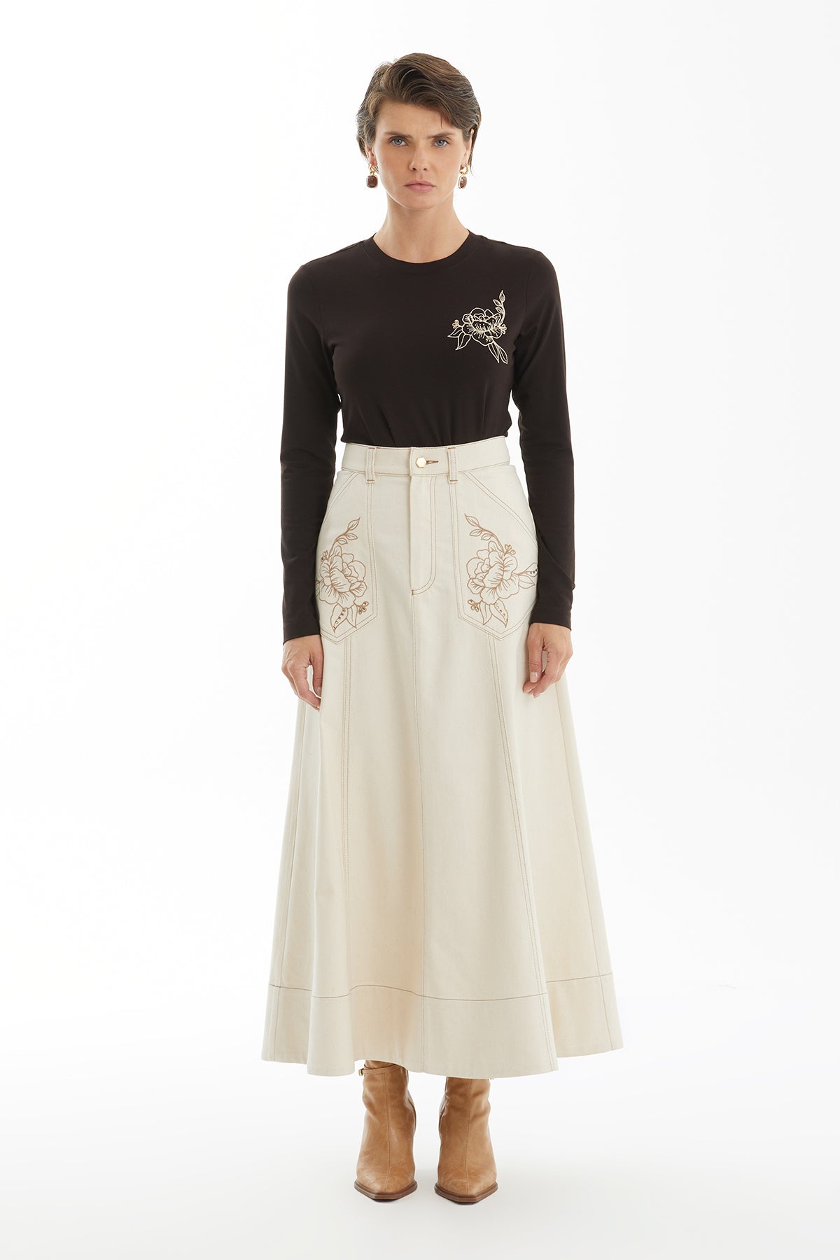 Ecru Denim Skirt with Floral Embroidery