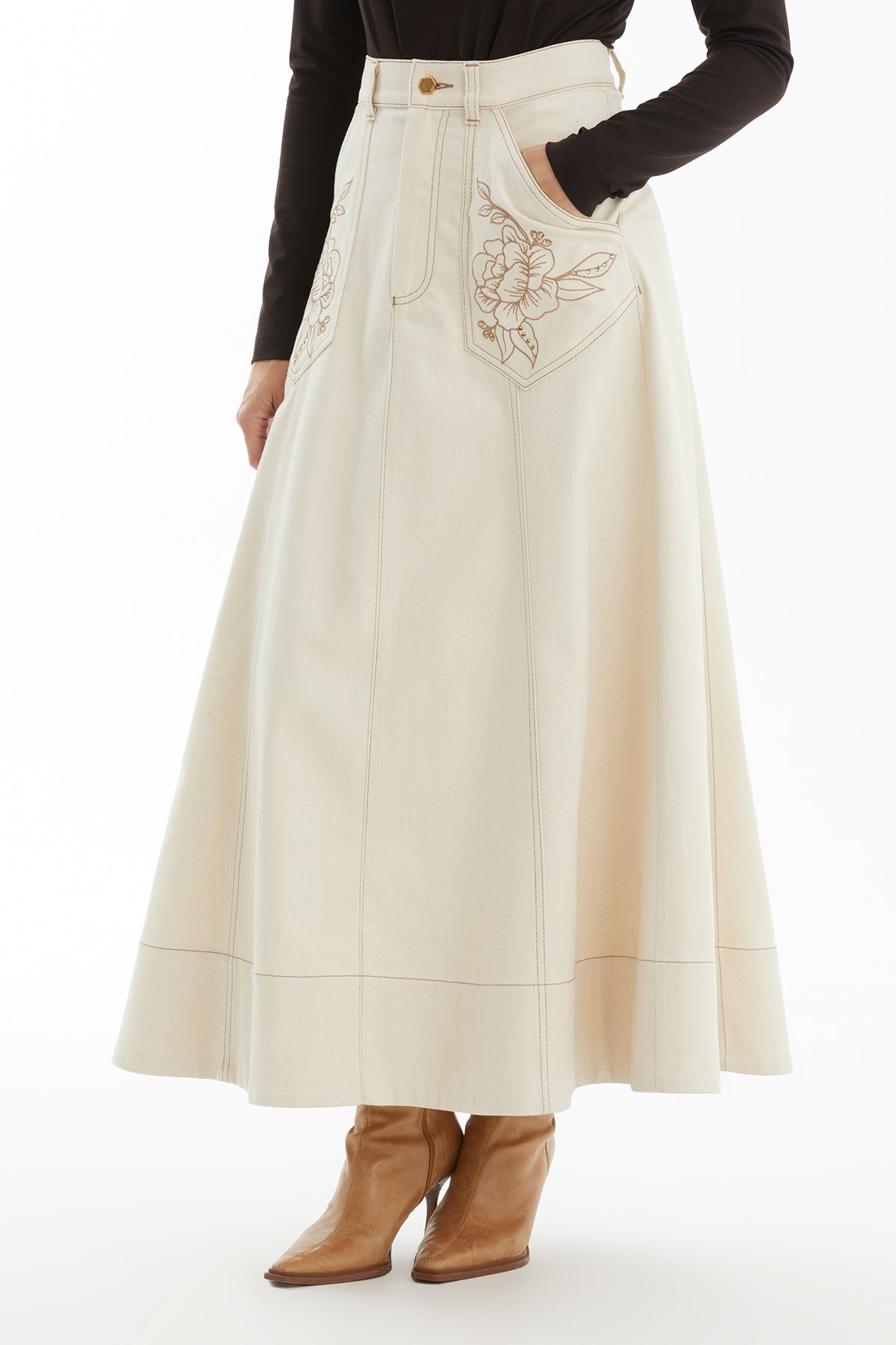 Ecru Denim Skirt with Floral Embroidery